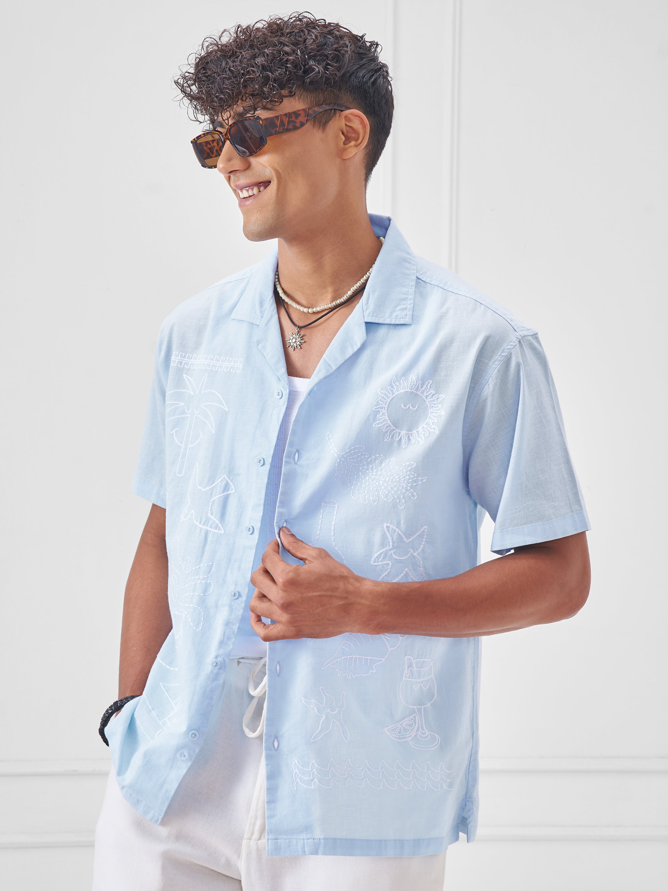 Highlander Men Blue Embroidered Relaxed Fit Casual Shirt - Blue - Image 4