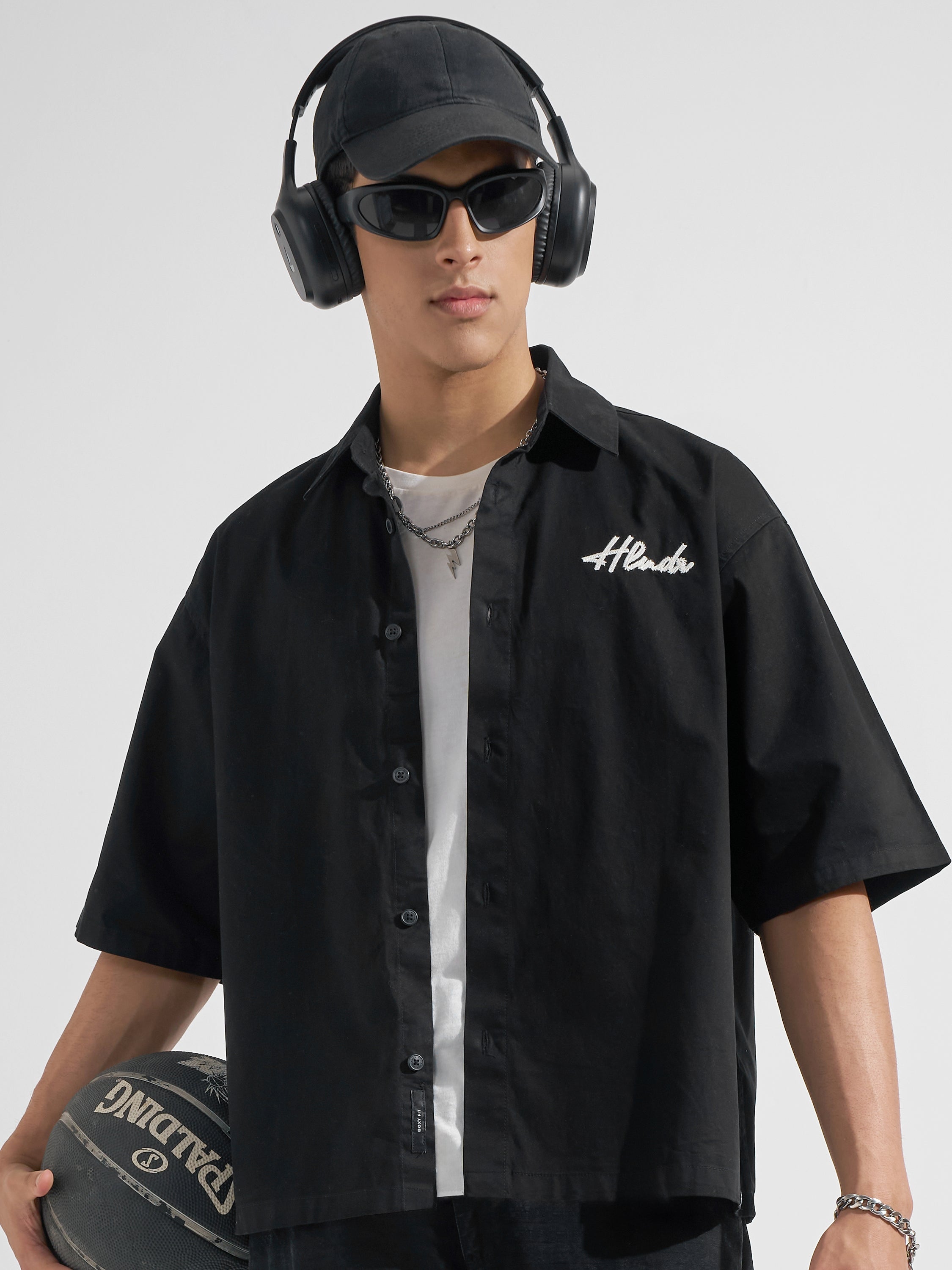 Highlander Men Black Embroidered Boxy Fit Casual Shirt