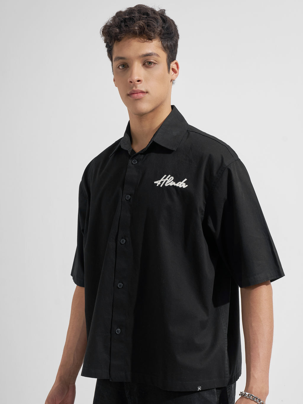 Highlander Men Black Embroidered Boxy Fit Casual Shirt