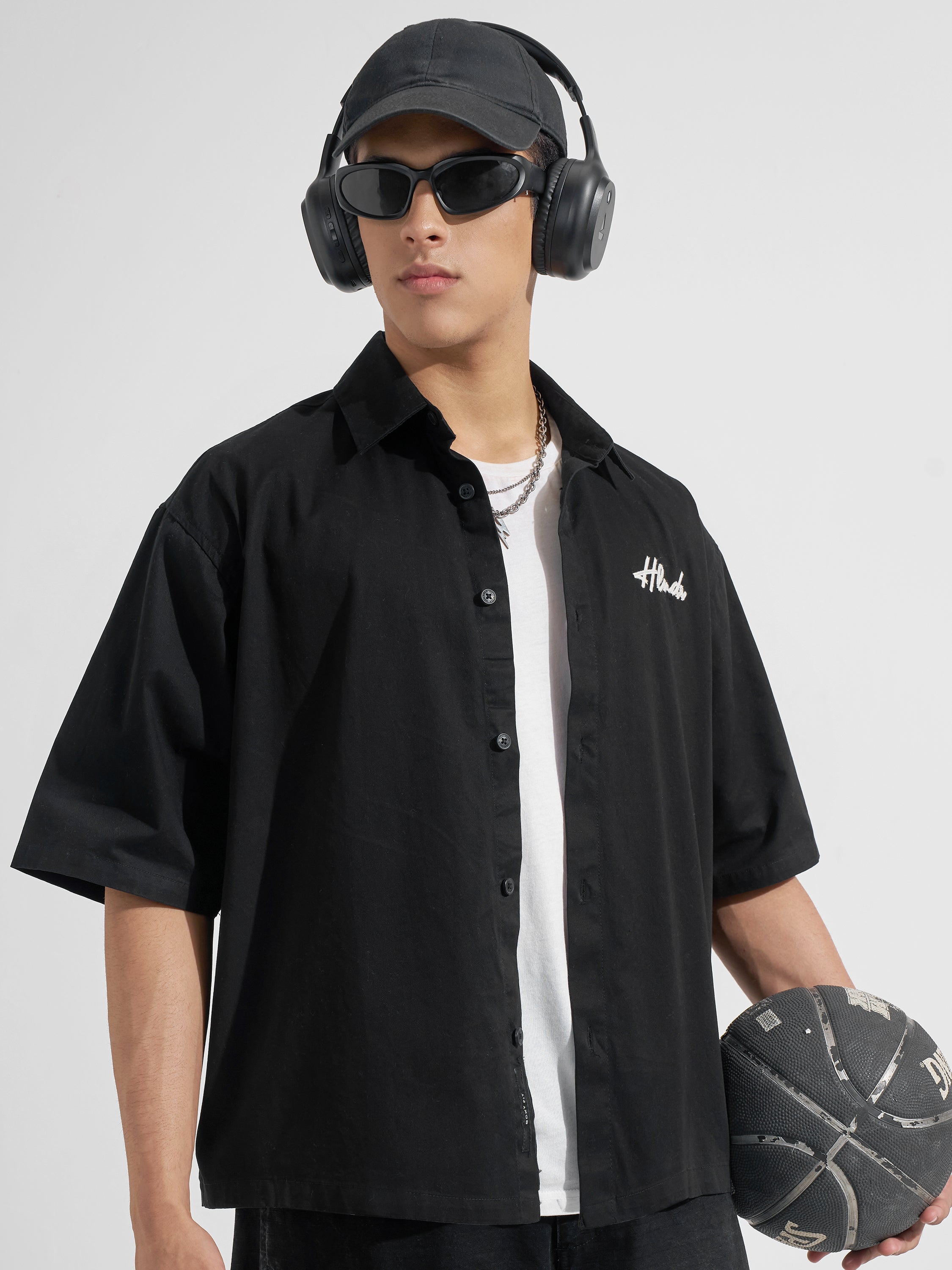Highlander Men Black Embroidered Boxy Fit Casual Shirt