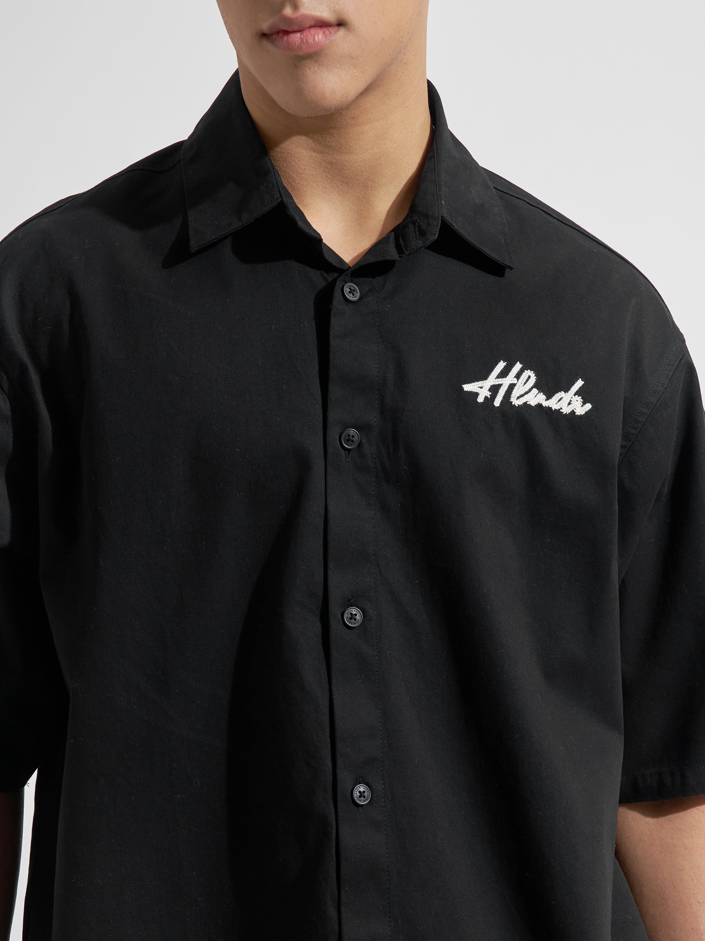 Highlander Men Black Embroidered Boxy Fit Casual Shirt