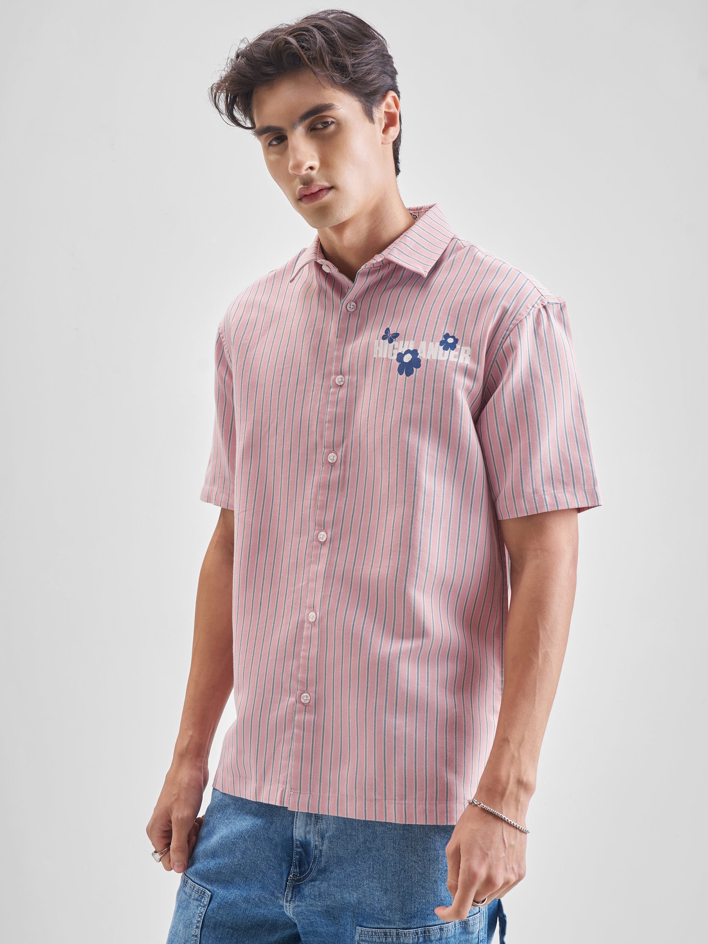 Highlander Men Pink Striped Relaxed Fit Casual Shirt - Pink - Image 4