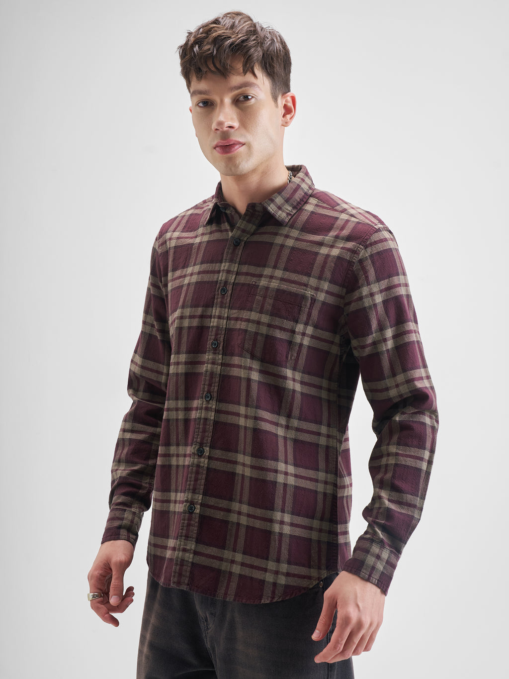 Highlander Men Maroon Checked Slim Fit Casual Shirt - Maroon - Image 4