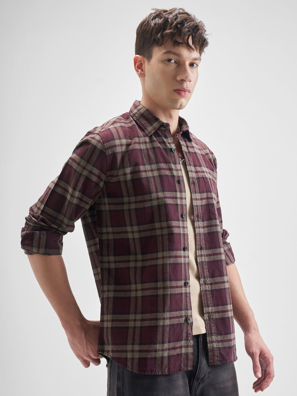 Highlander Men Maroon Checked Slim Fit Casual Shirt - Maroon - Image 6