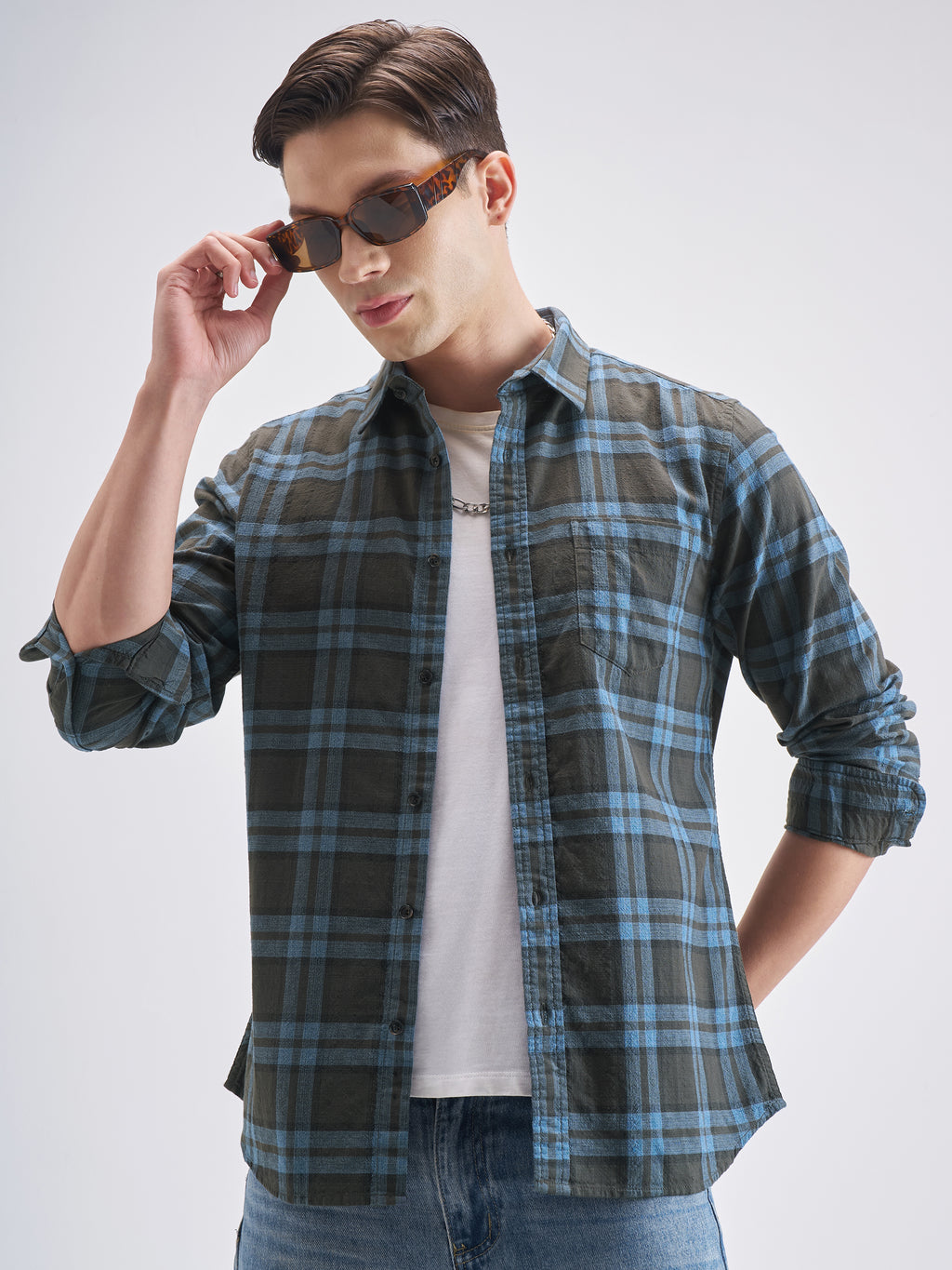 Highlander Men Blue Checked Slim Fit Casual Shirt - Blue - Image 1