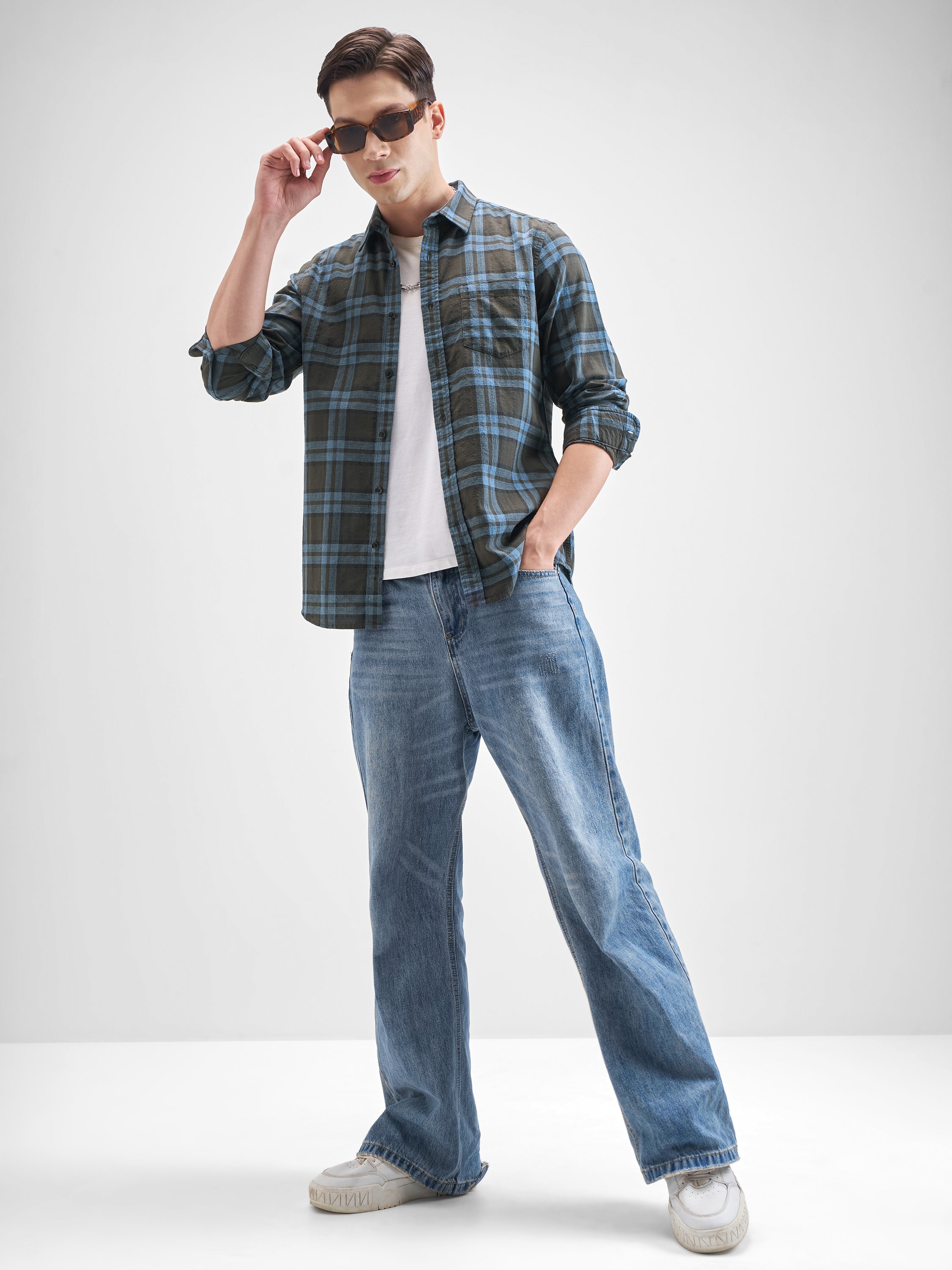 Highlander Men Blue Checked Slim Fit Casual Shirt - Blue - Image 2