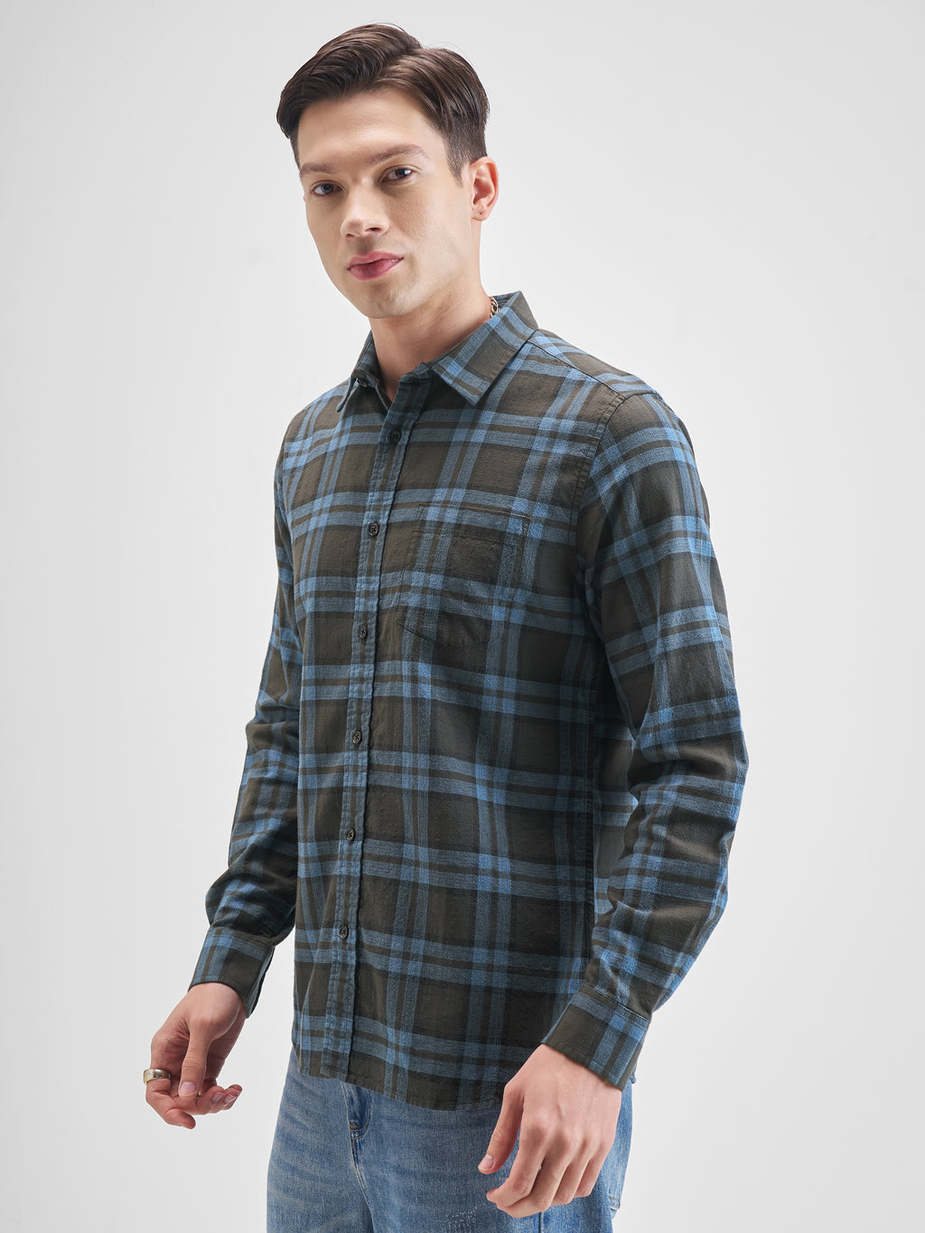 Highlander Men Blue Checked Slim Fit Casual Shirt - Blue - Image 4