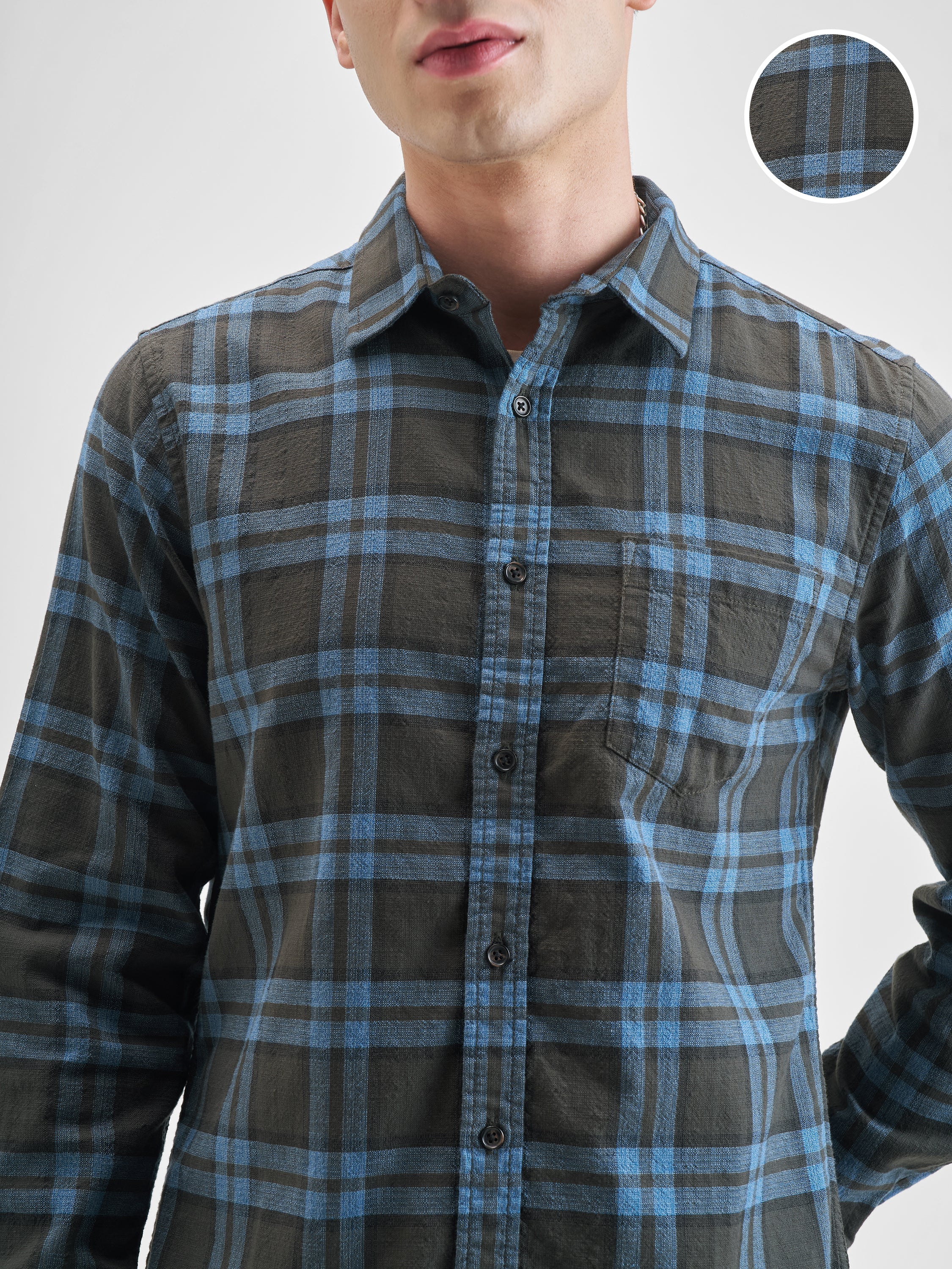 Highlander Men Blue Checked Slim Fit Casual Shirt - Blue - Image 5