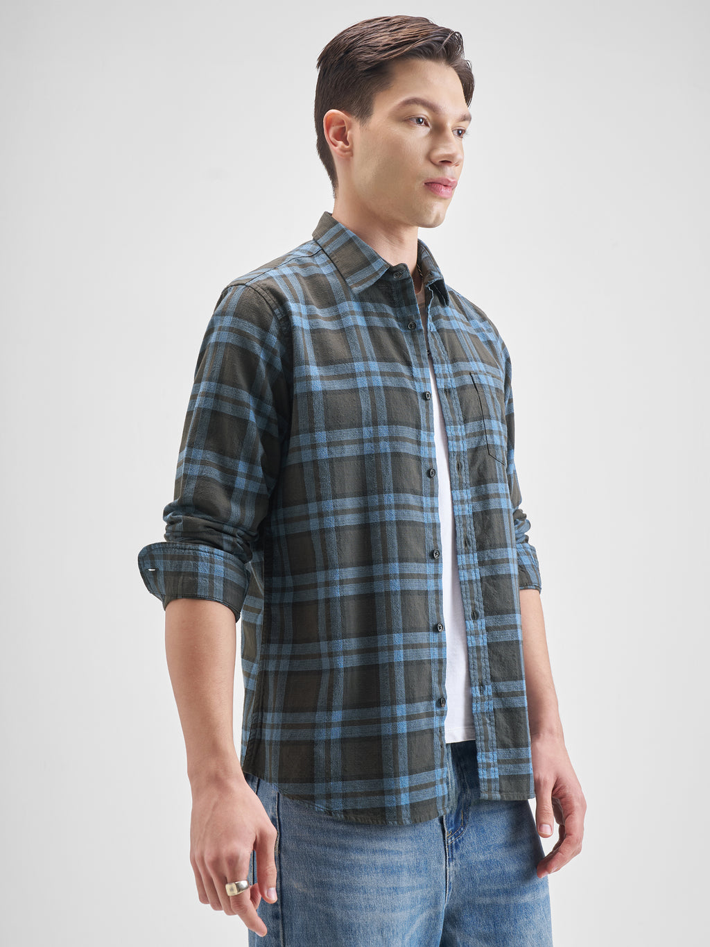 Highlander Men Blue Checked Slim Fit Casual Shirt - Blue - Image 6