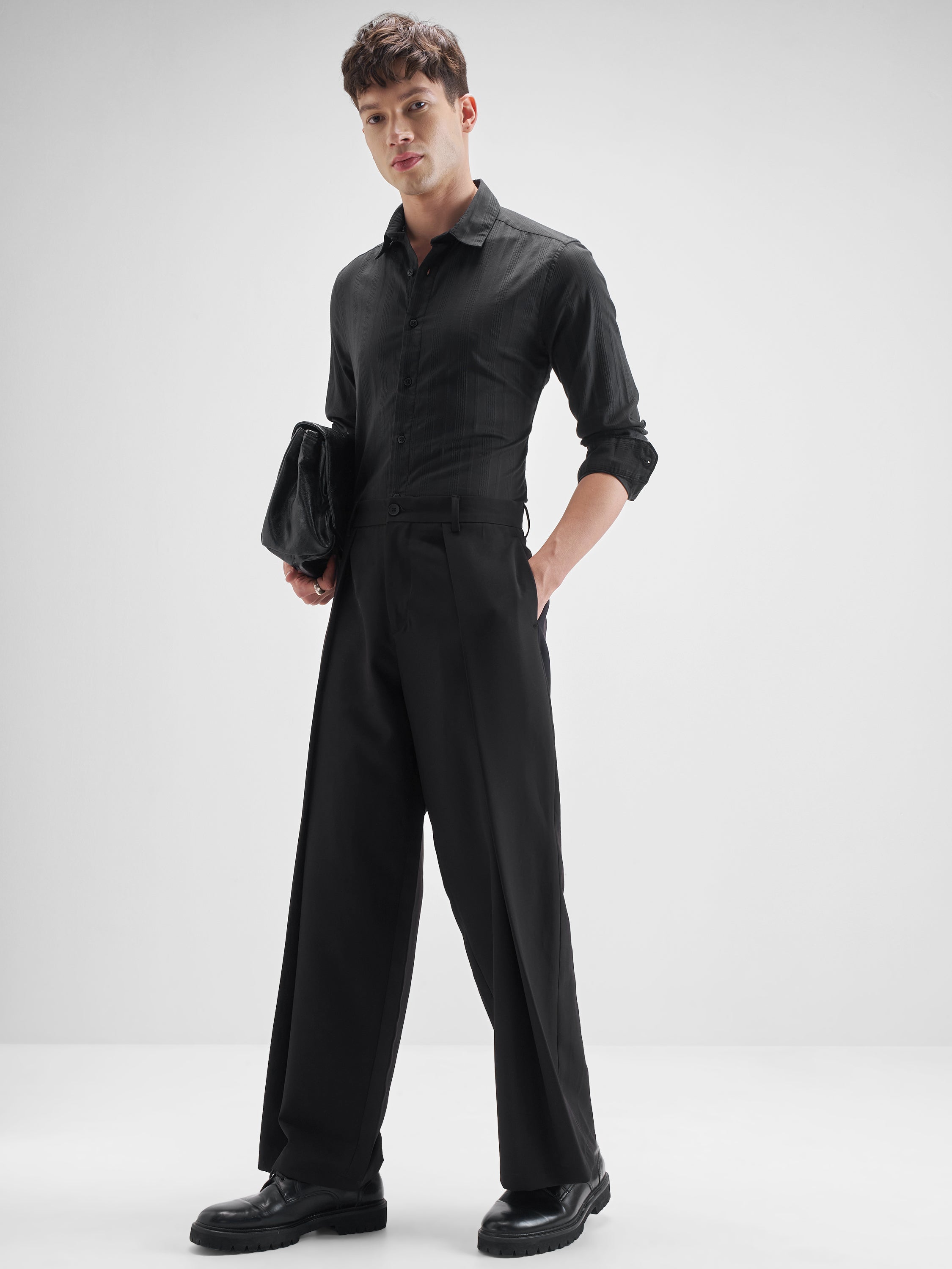 Highlander Men Black Self Design Slim Fit Casual Shirt - Black - Image 2
