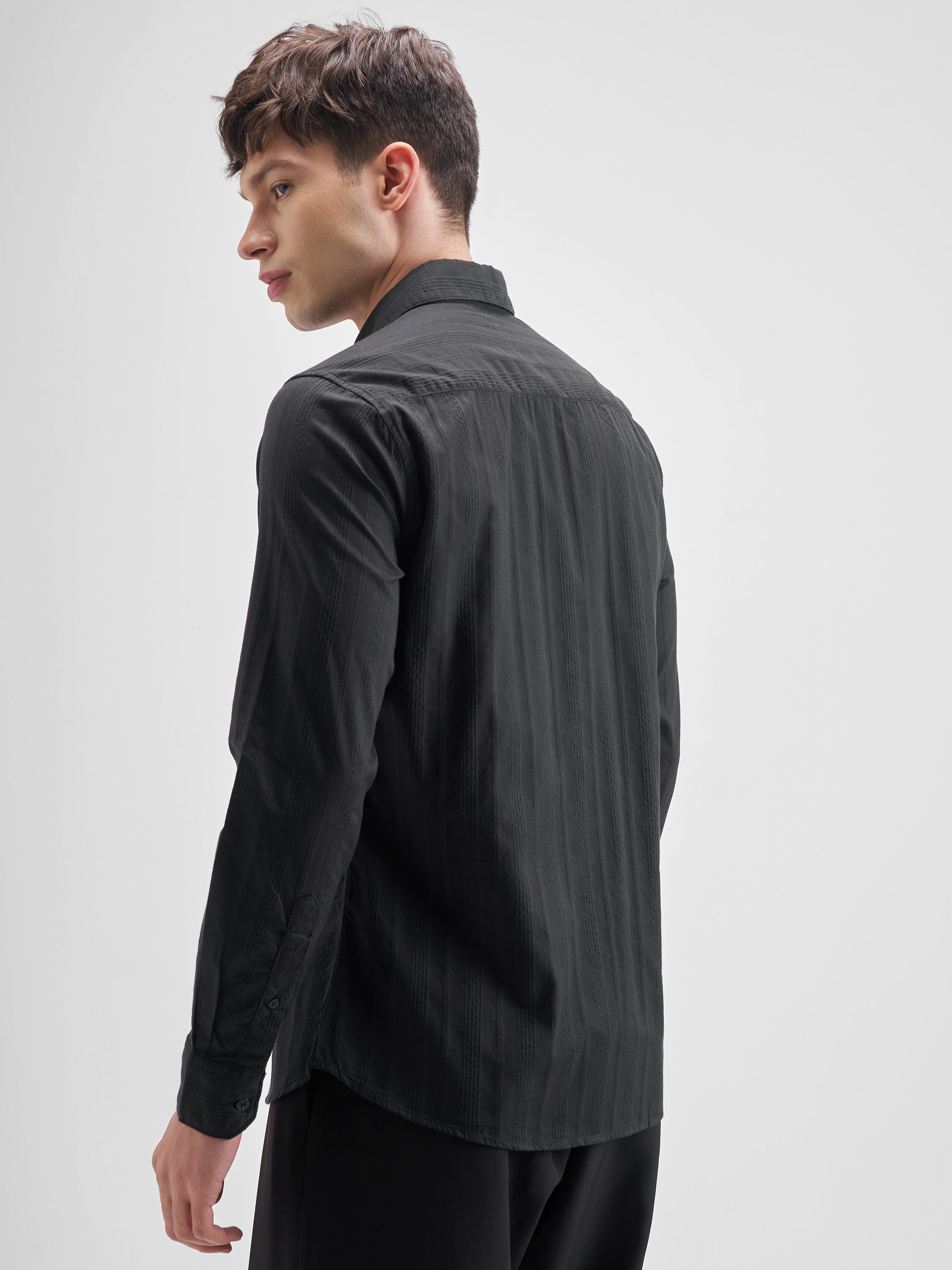 Highlander Men Black Self Design Slim Fit Casual Shirt - Black - Image 3