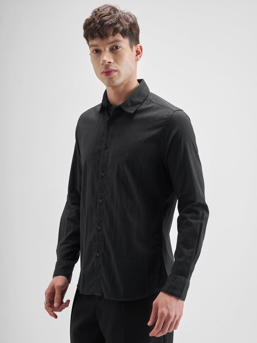 Highlander Men Black Self Design Slim Fit Casual Shirt - Black - Image 4