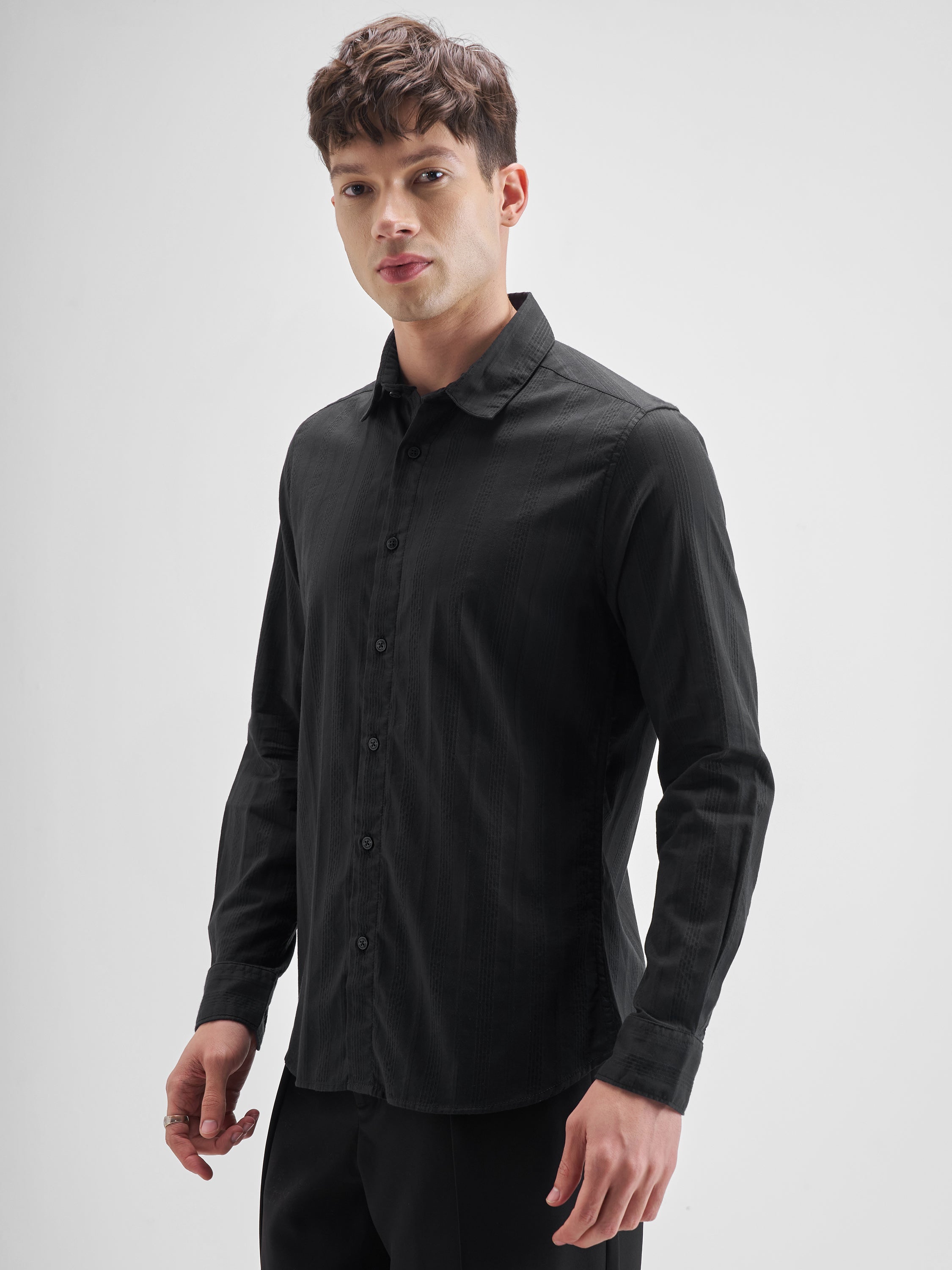 Highlander Men Black Self Design Slim Fit Casual Shirt - Black - Image 4