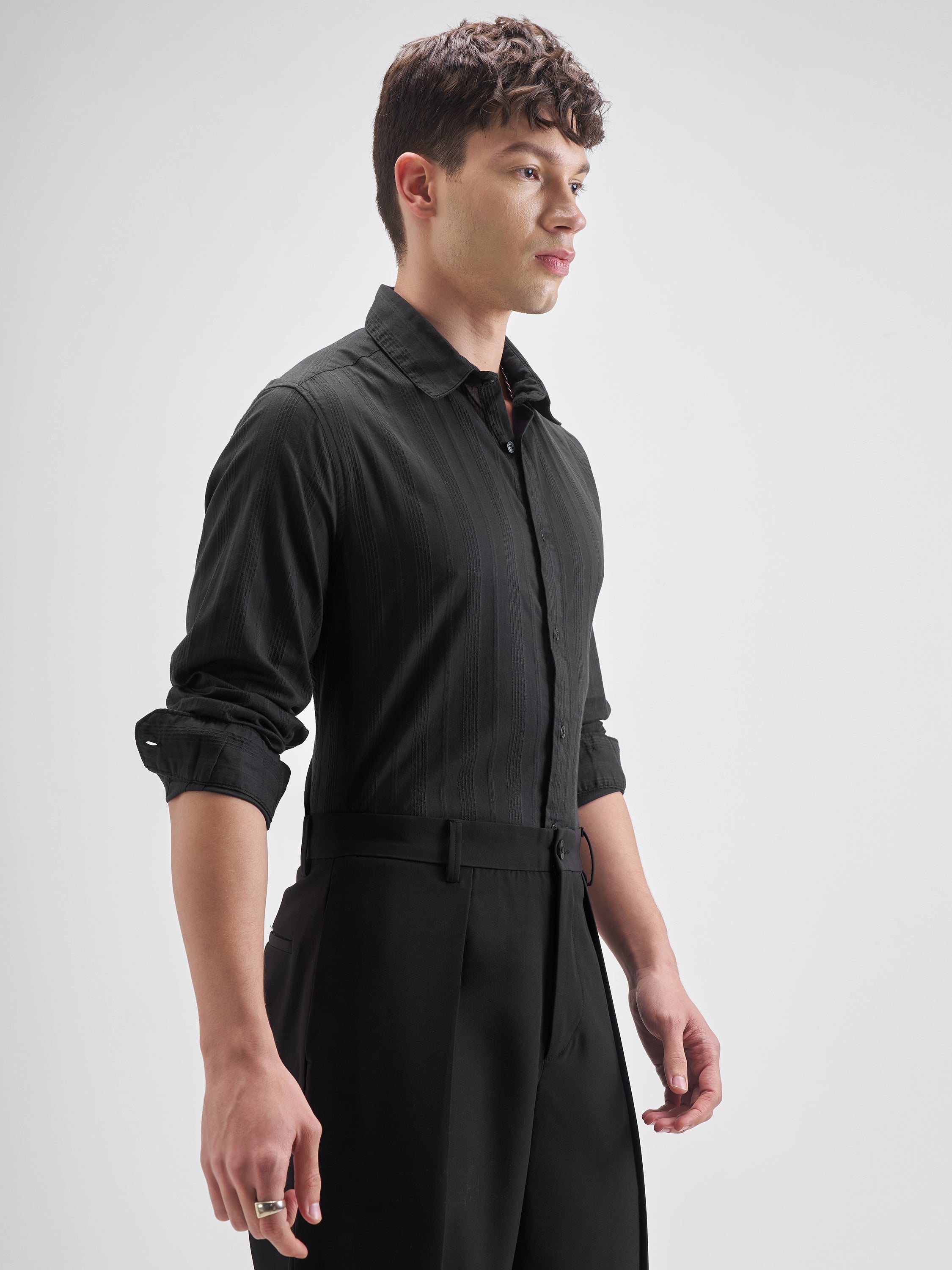 Highlander Men Black Self Design Slim Fit Casual Shirt - Black - Image 6