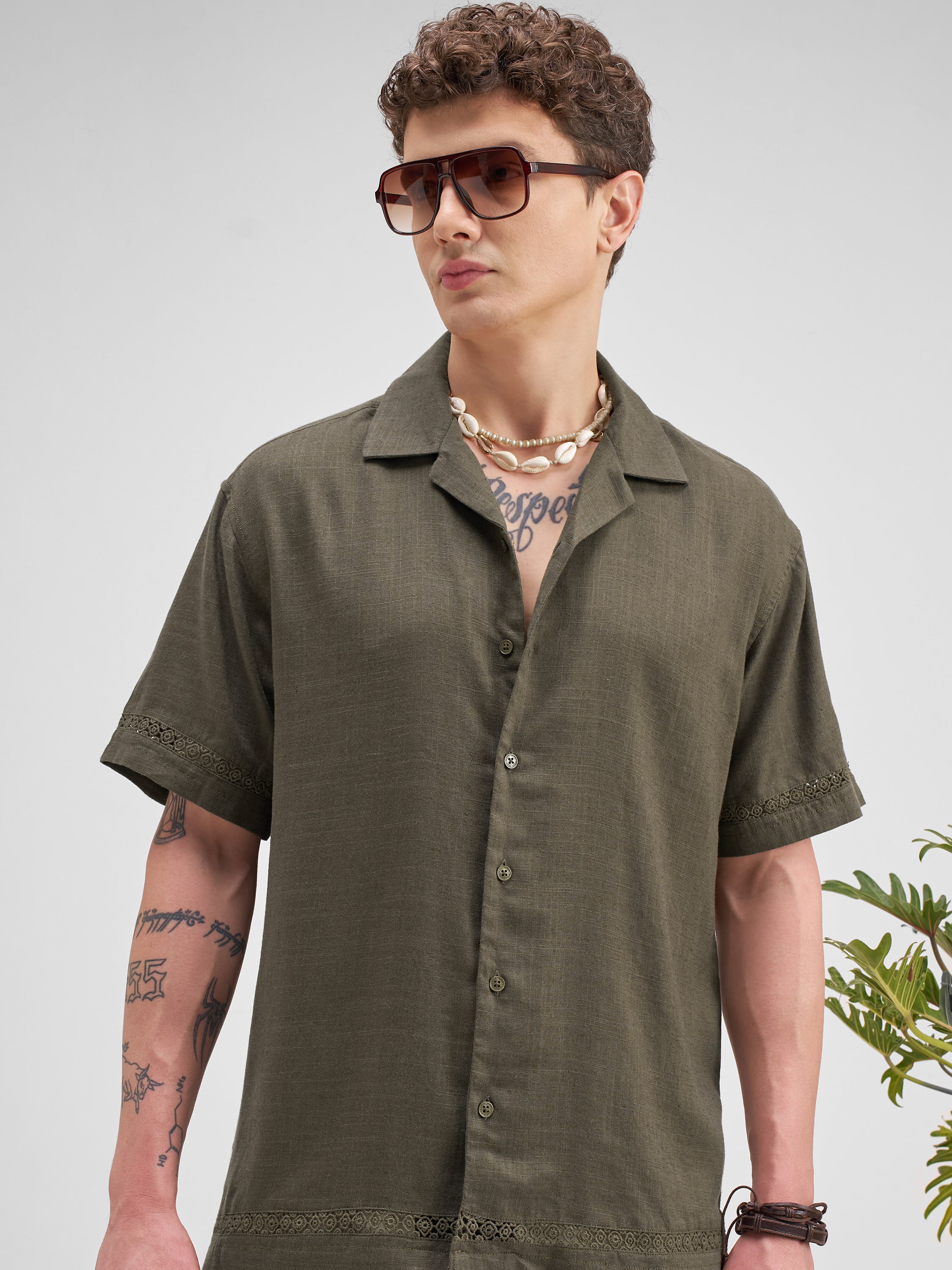Highlander Men Olive Self Design Relaxed Fit Casual Shirt - Olive - Image 1