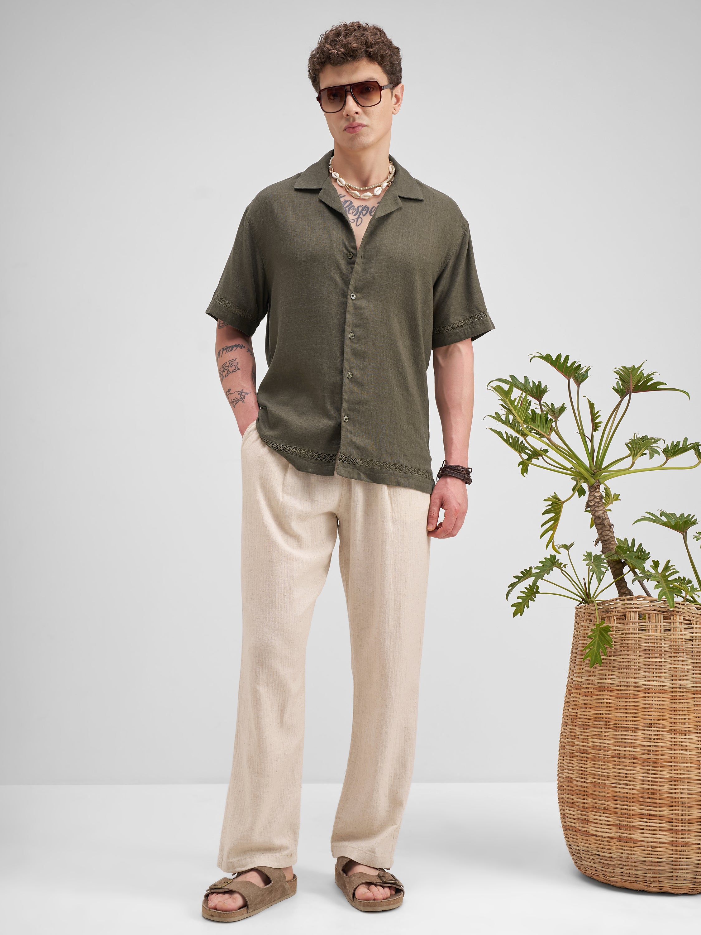Highlander Men Olive Self Design Relaxed Fit Casual Shirt - Olive - Image 2