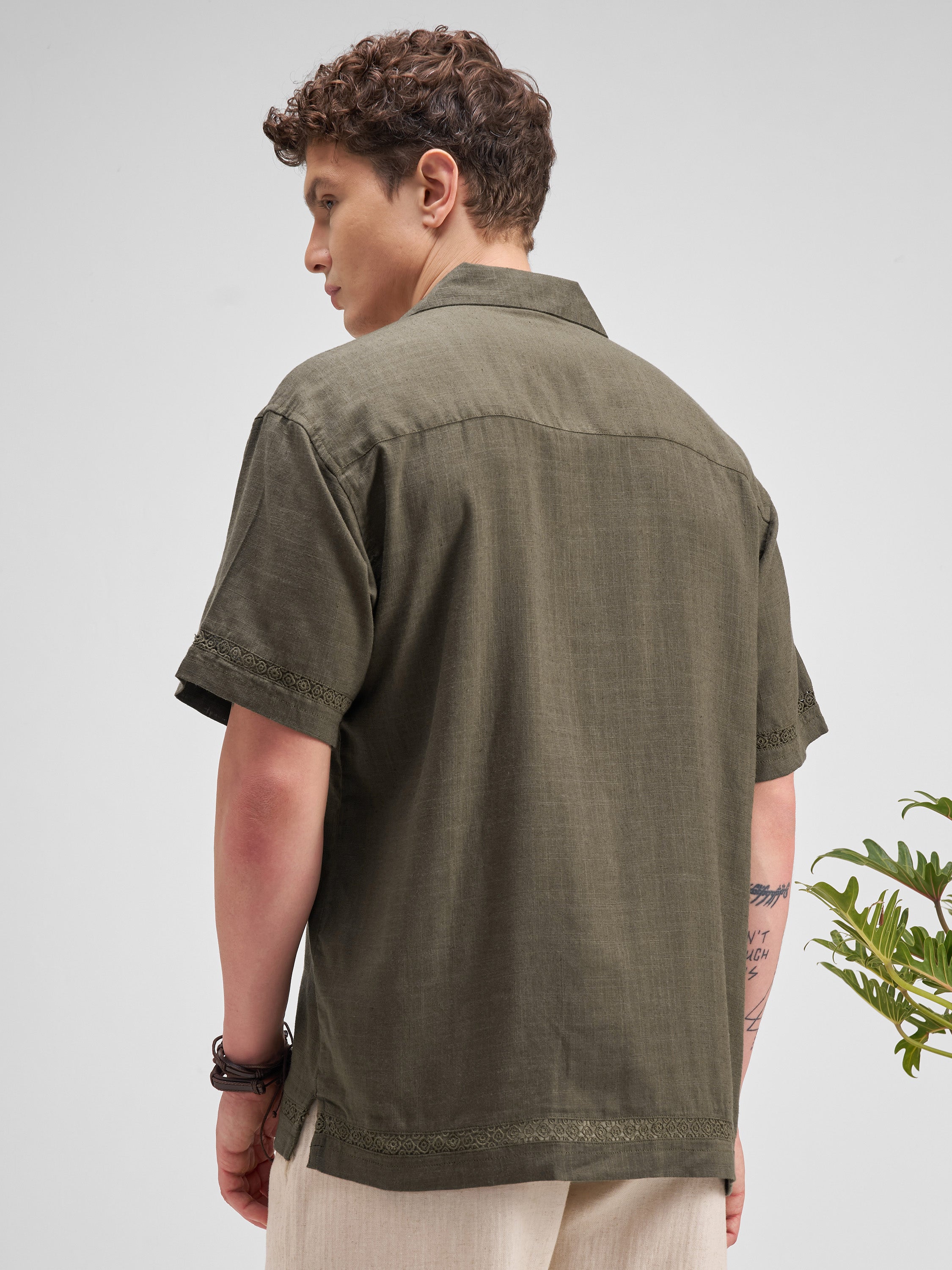 Highlander Men Olive Self Design Relaxed Fit Casual Shirt - Olive - Image 3
