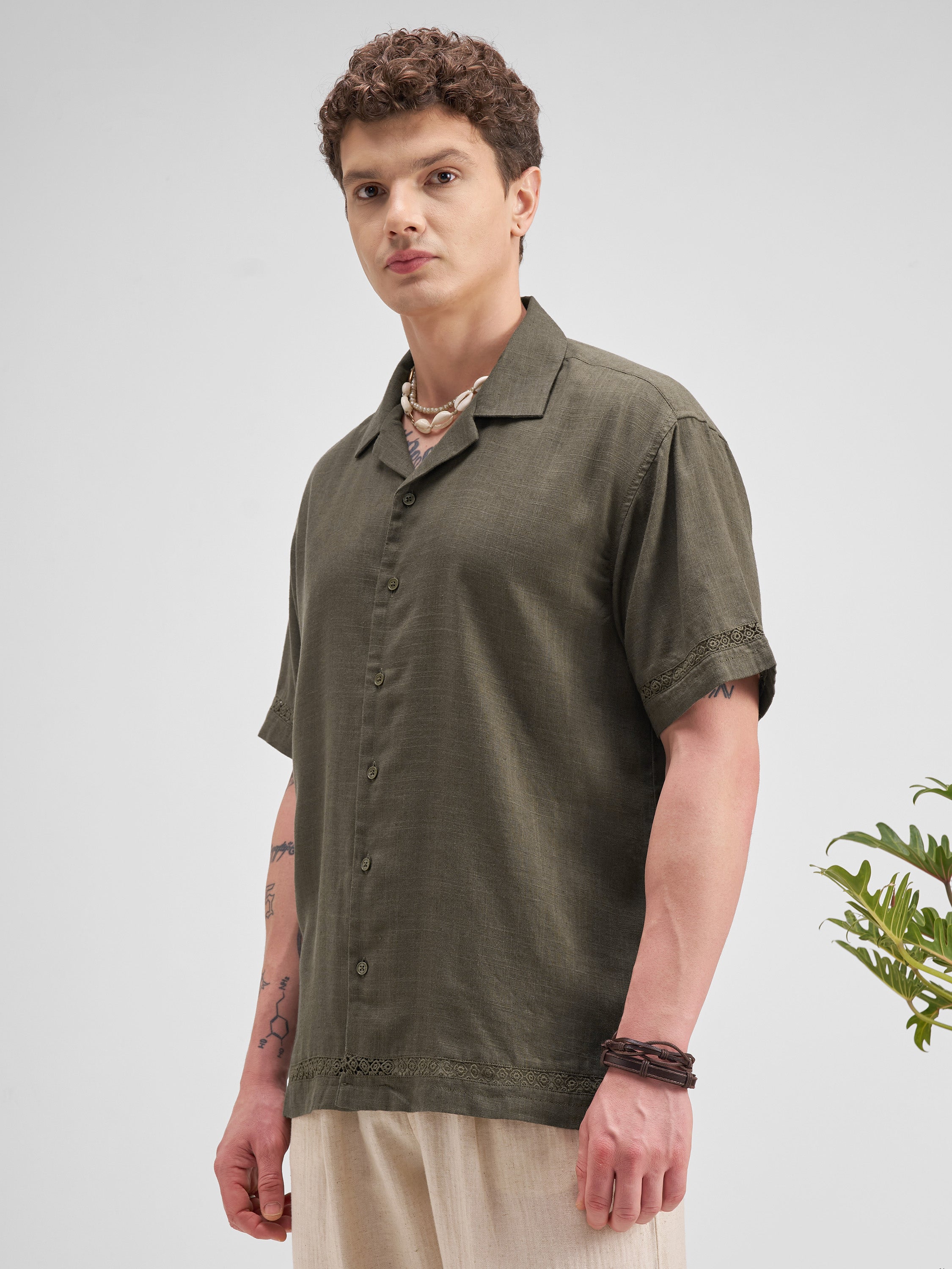 Highlander Men Olive Self Design Relaxed Fit Casual Shirt - Olive - Image 4
