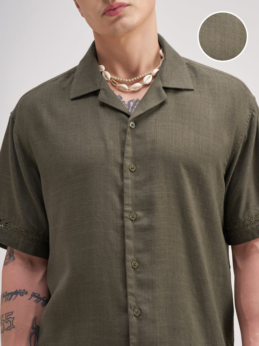 Highlander Men Olive Self Design Relaxed Fit Casual Shirt - Olive - Image 5
