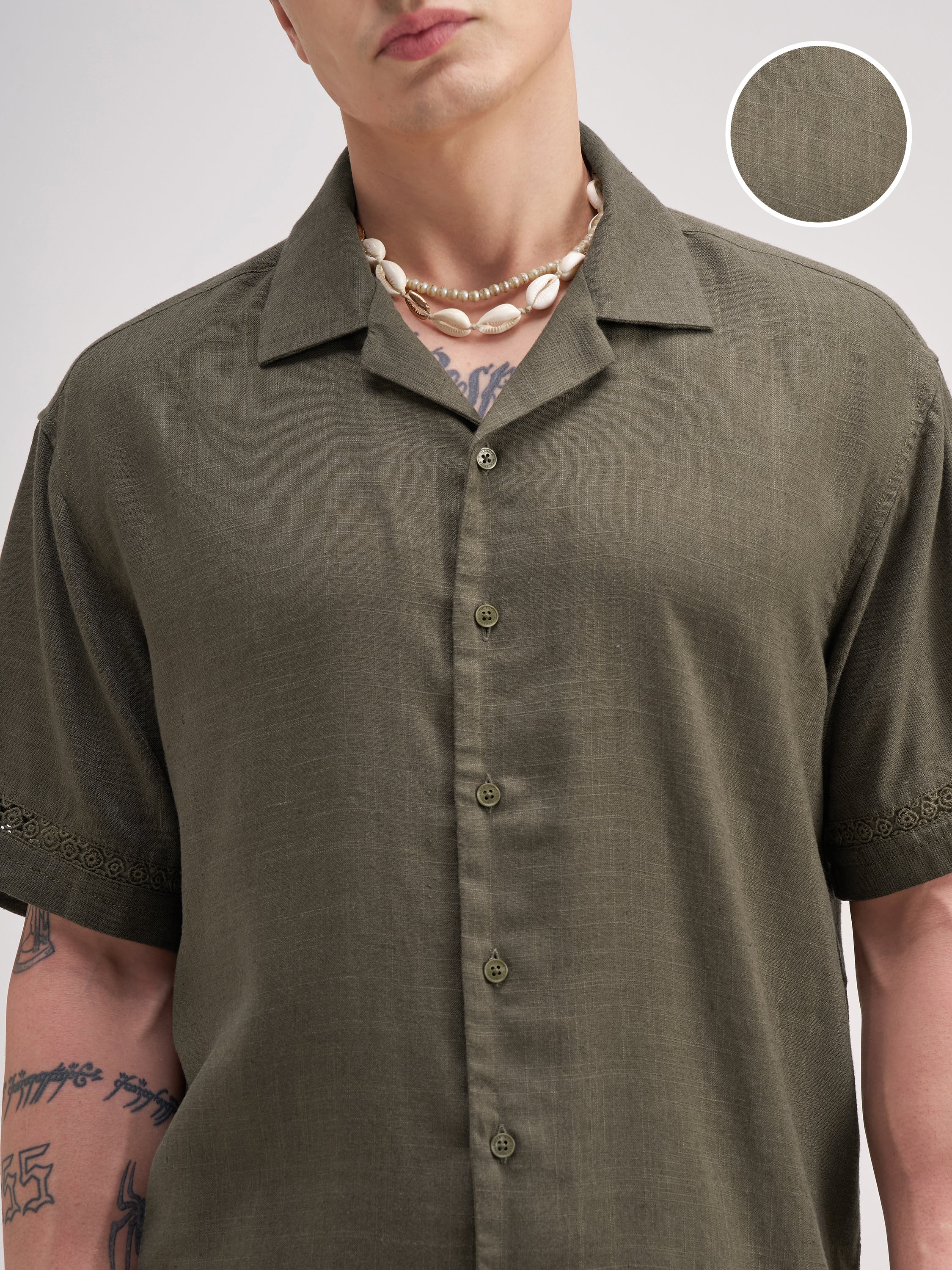 Highlander Men Olive Self Design Relaxed Fit Casual Shirt - Olive - Image 5