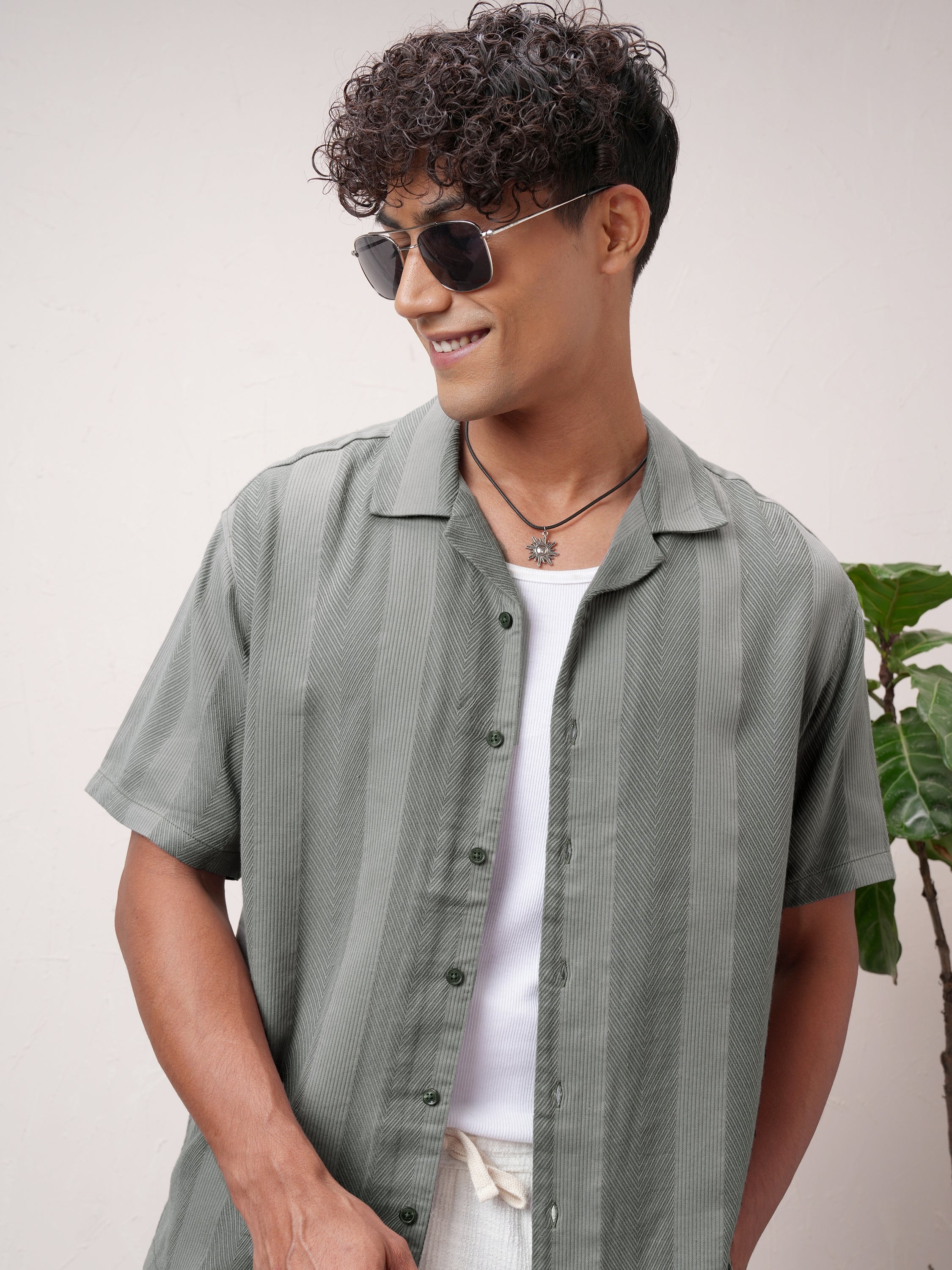 Highlander Men Olive Striped Relaxed Fit Casual Shirt - Olive - Image 1