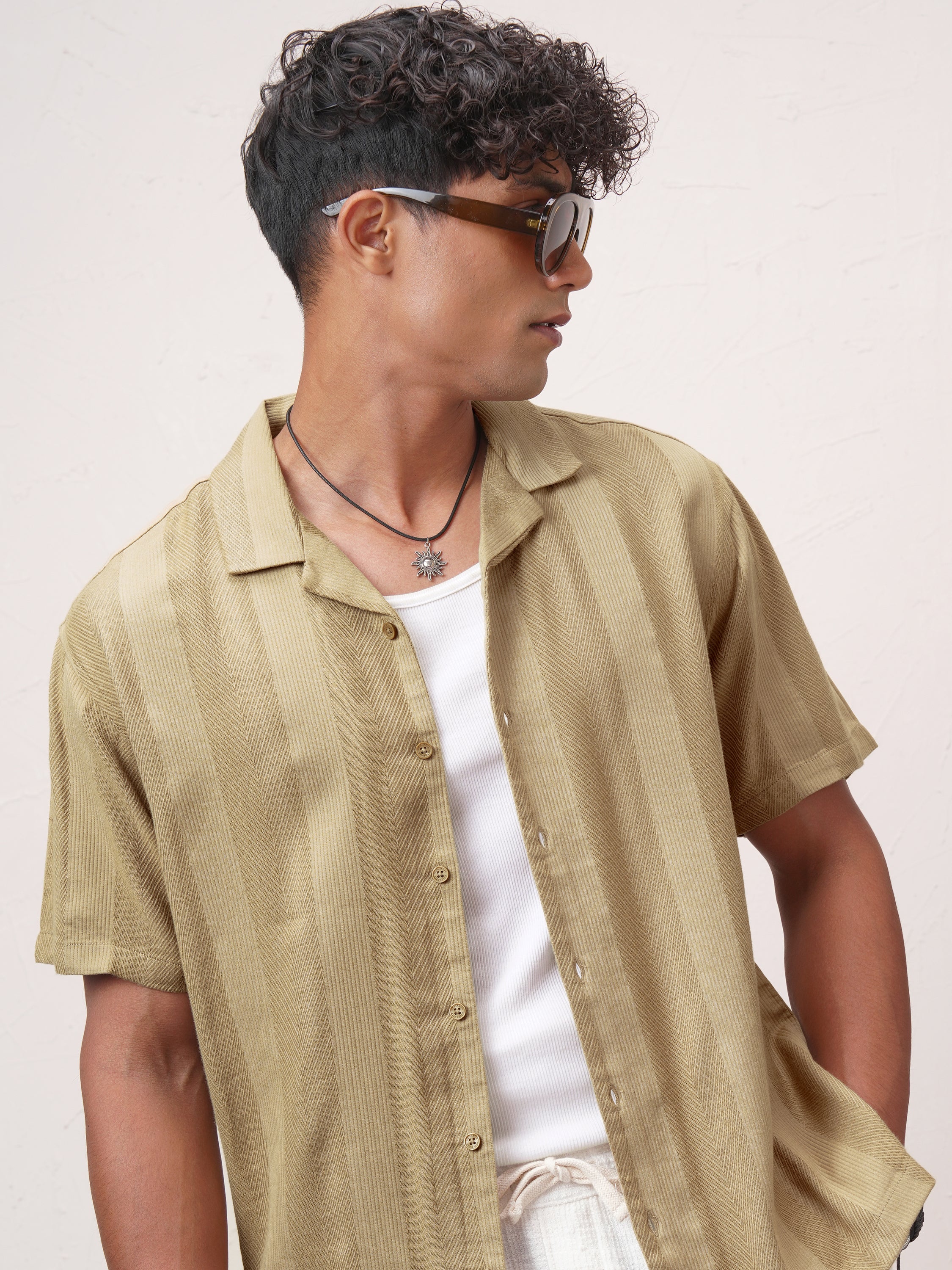 Highlander Men Khaki Striped Relaxed Fit Casual Shirt - Khaki - Image 1