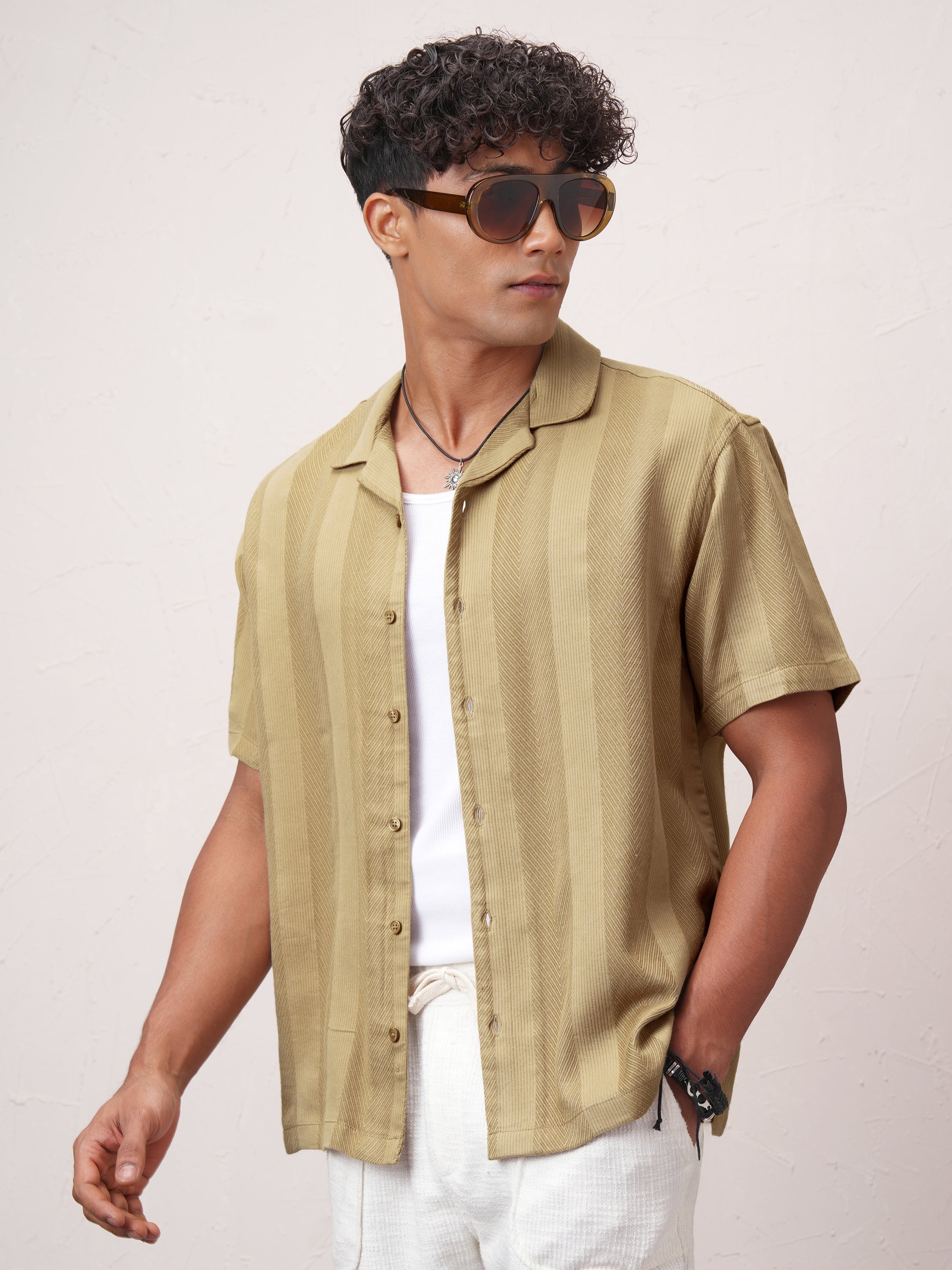Highlander Men Khaki Striped Relaxed Fit Casual Shirt - Khaki - Image 4