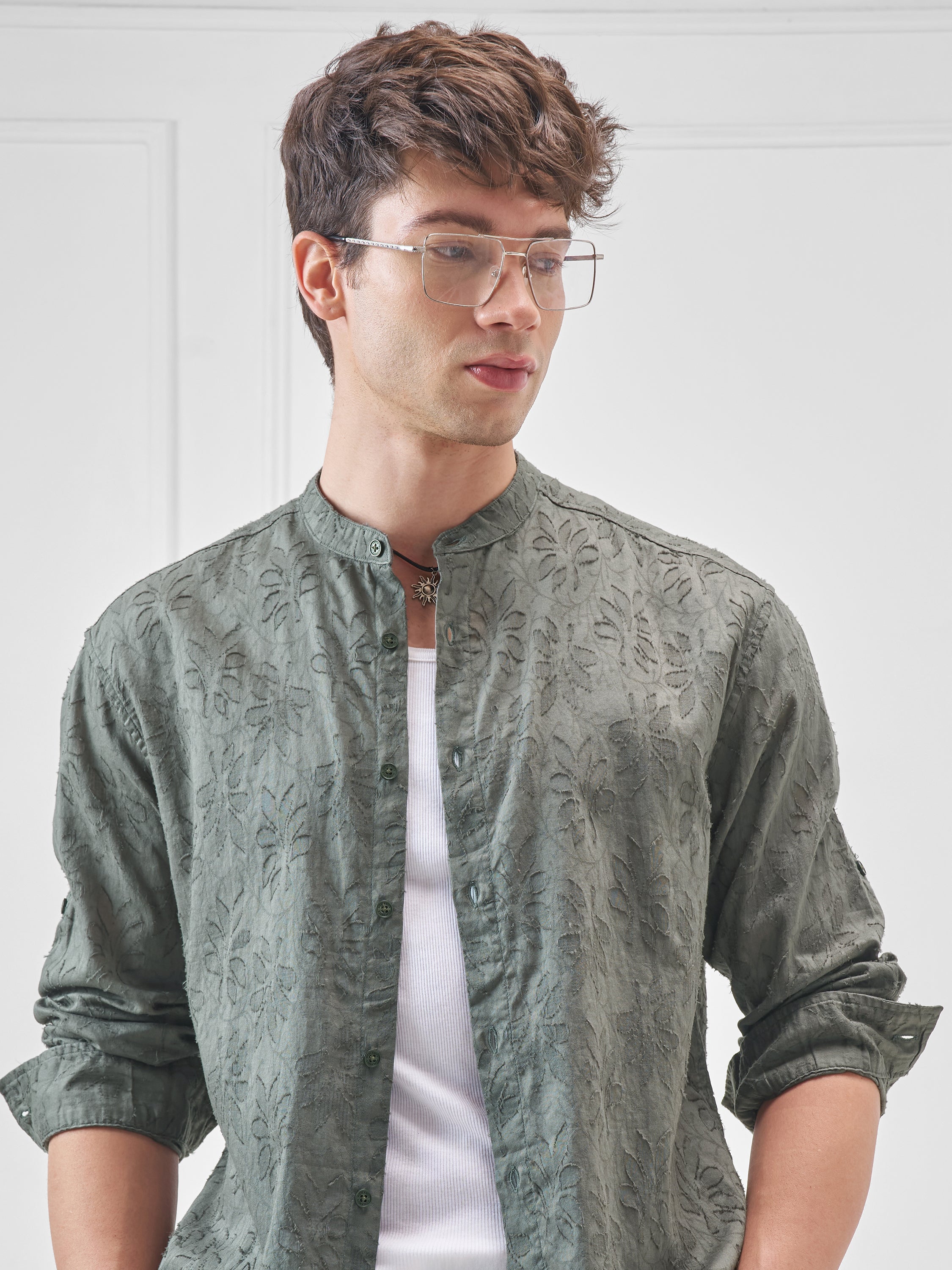 Highlander Men Olive Self Design Relaxed Fit Casual Shirt - Olive - Image 1