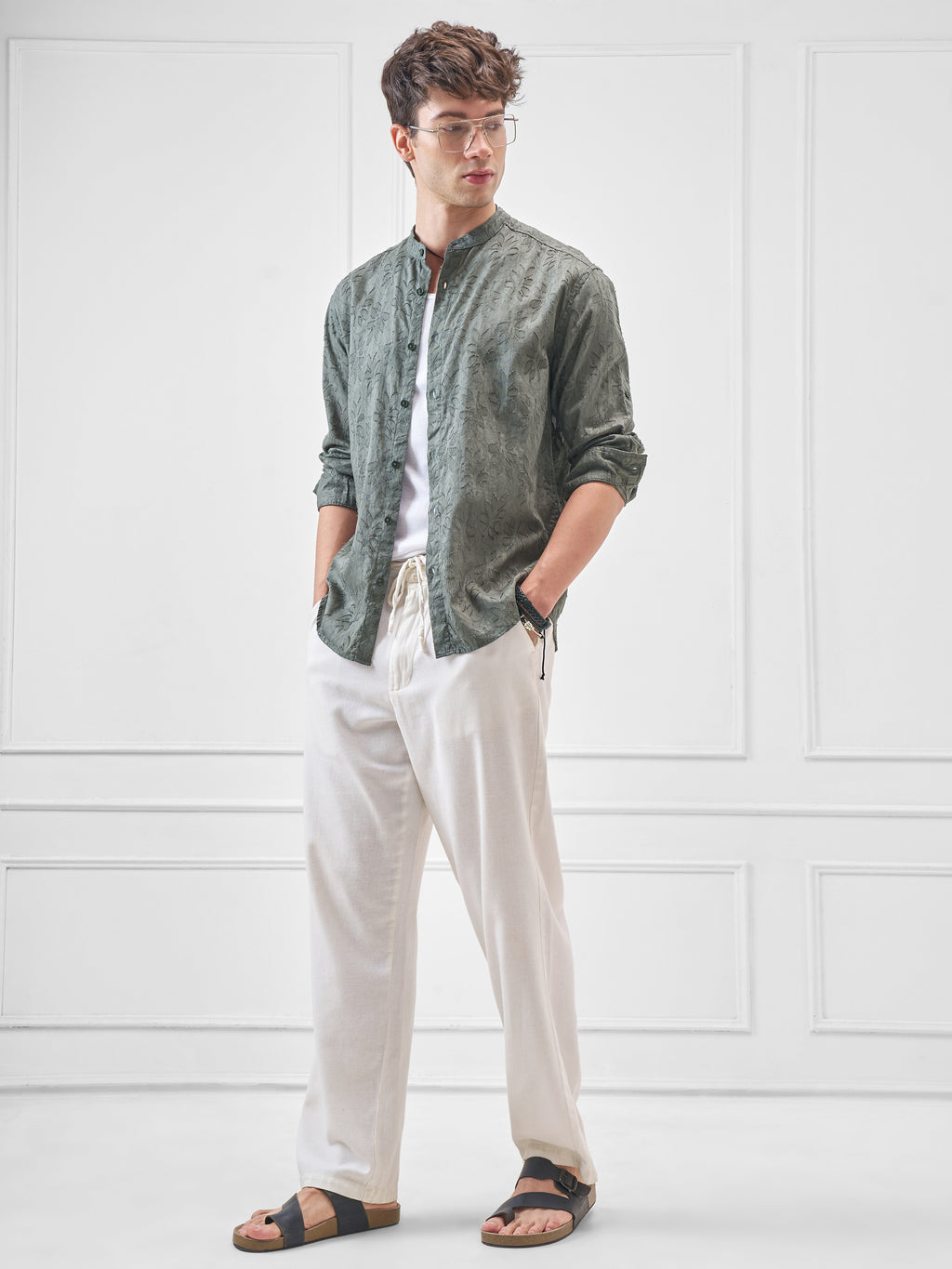 Highlander Men Olive Self Design Relaxed Fit Casual Shirt - Olive - Image 2