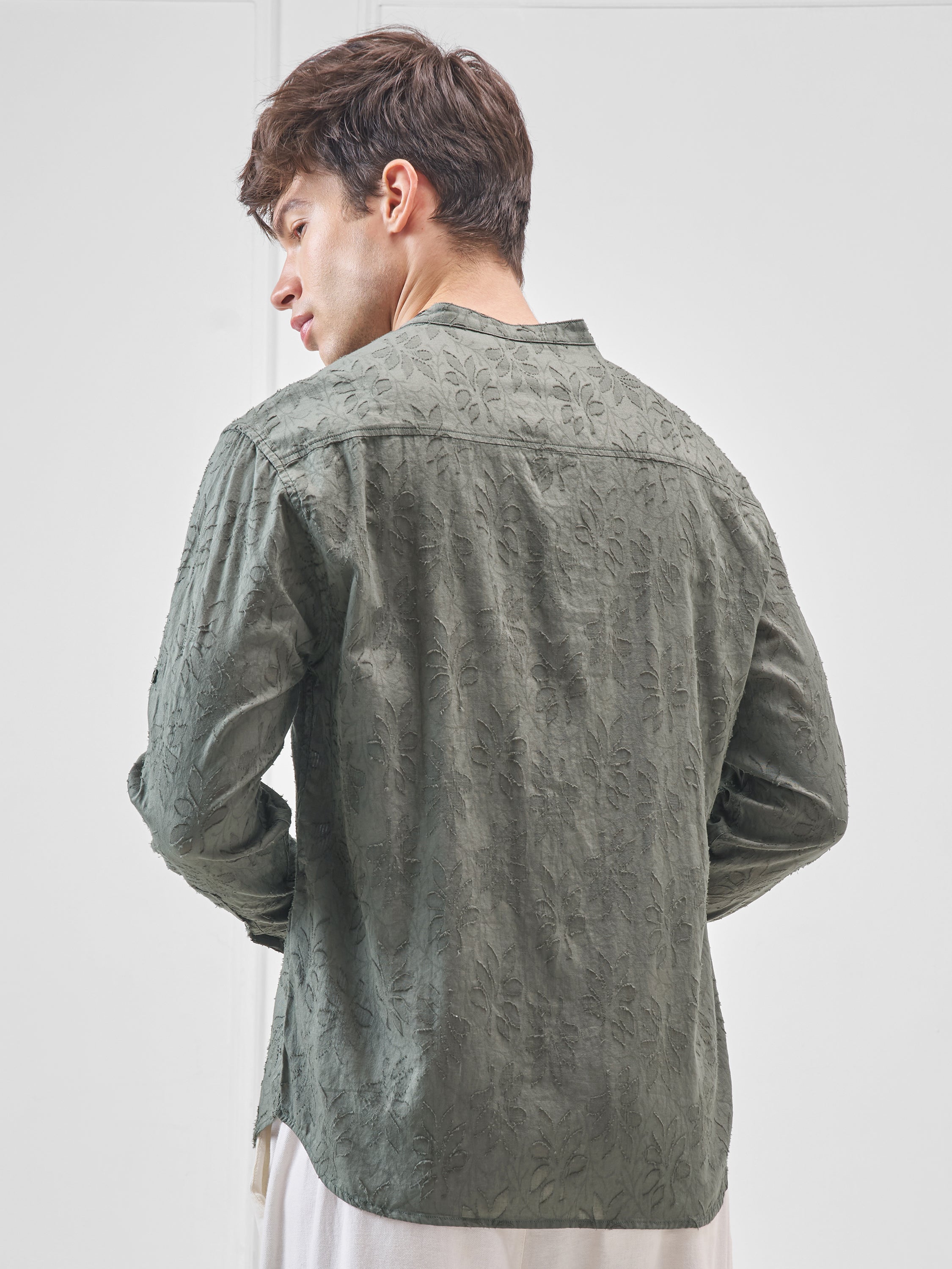 Highlander Men Olive Self Design Relaxed Fit Casual Shirt - Olive - Image 3