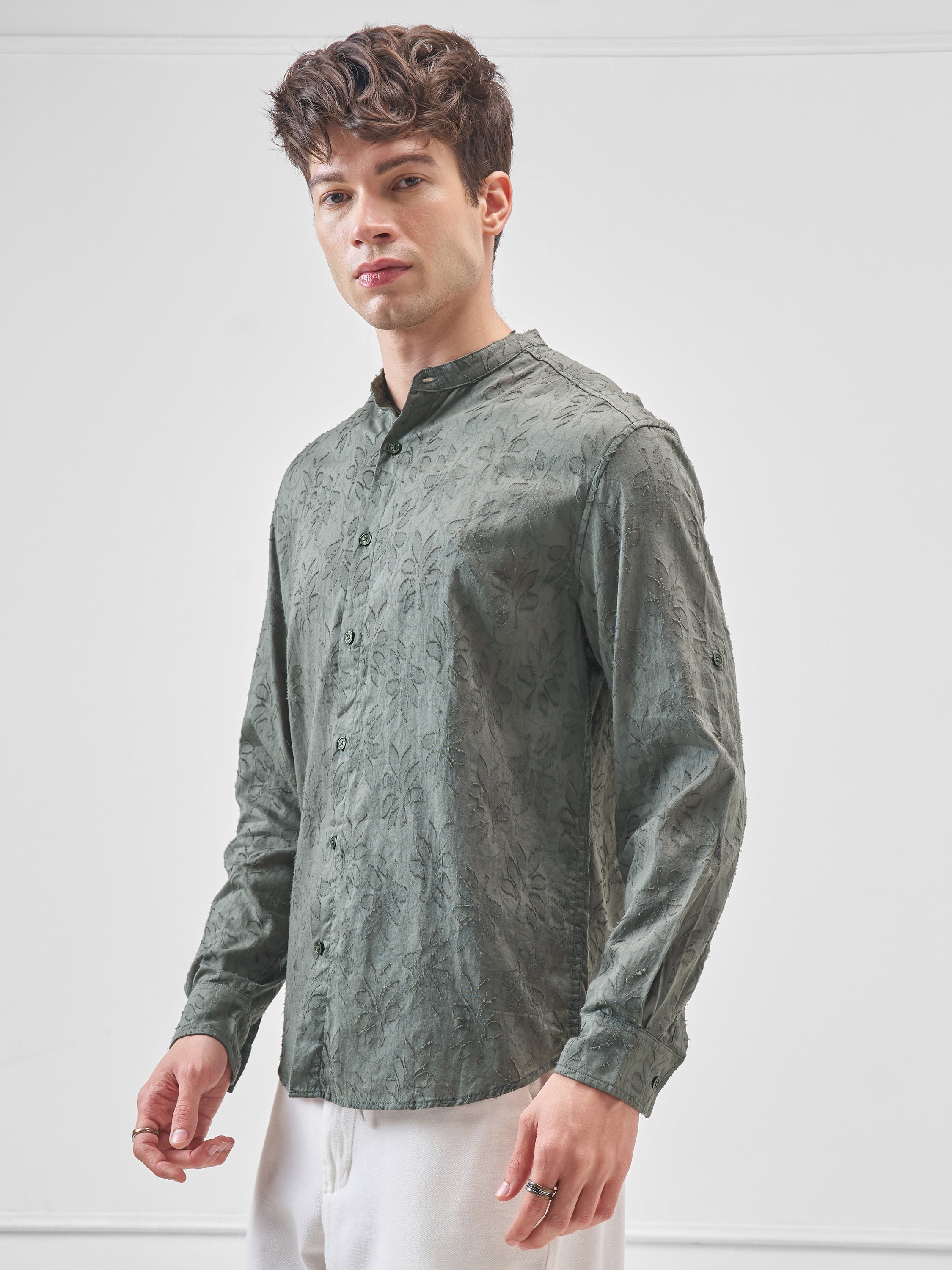 Highlander Men Olive Self Design Relaxed Fit Casual Shirt - Olive - Image 4
