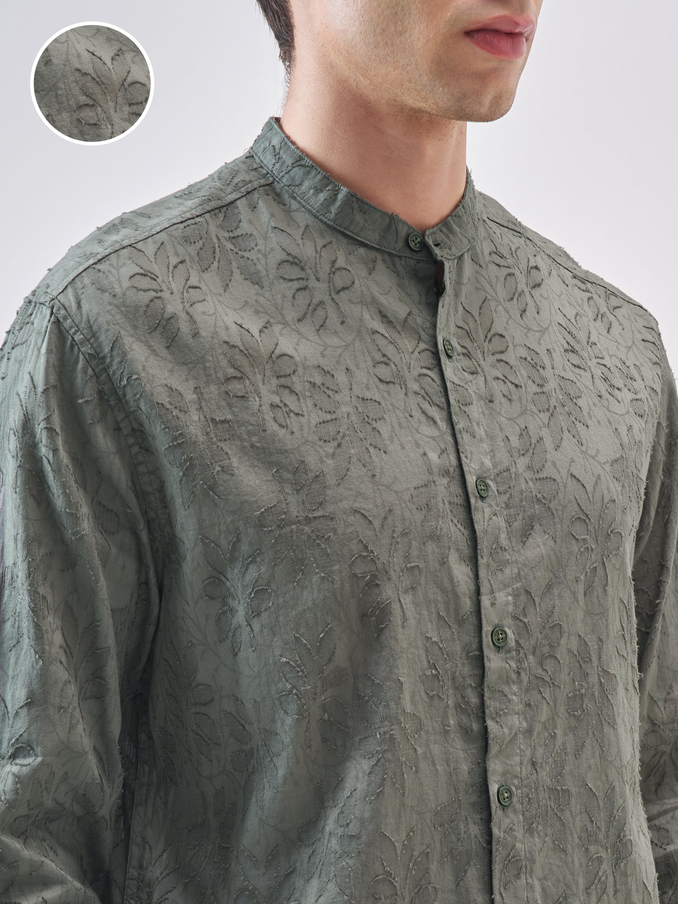 Highlander Men Olive Self Design Relaxed Fit Casual Shirt - Olive - Image 5