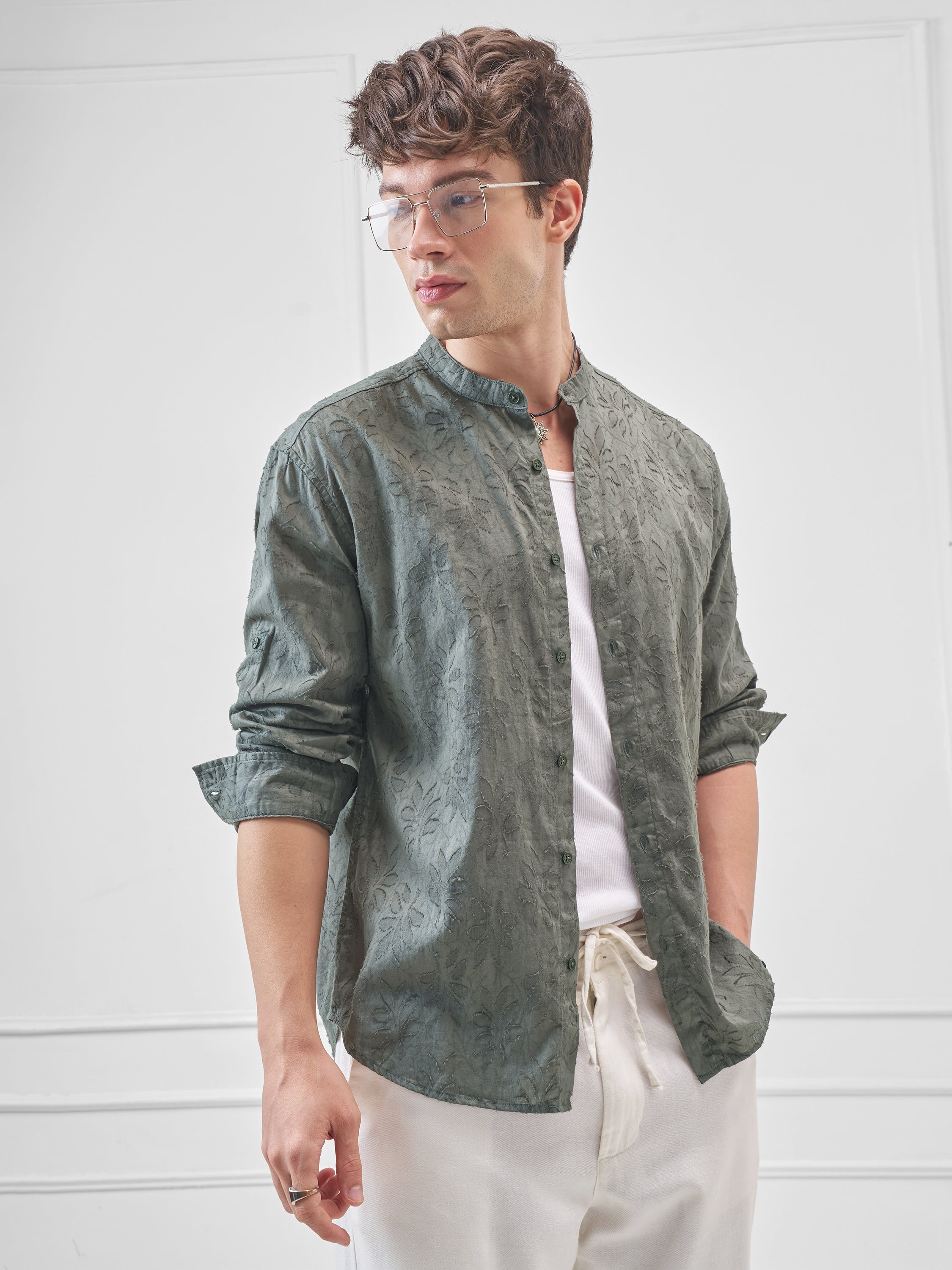 Highlander Men Olive Self Design Relaxed Fit Casual Shirt - Olive - Image 6