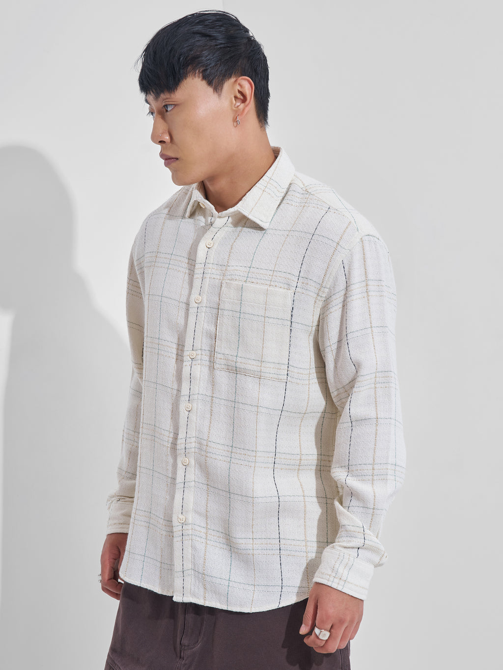 Highlander Men Cream Checked Relaxed Fit Casual Shirt - Cream - Image 4