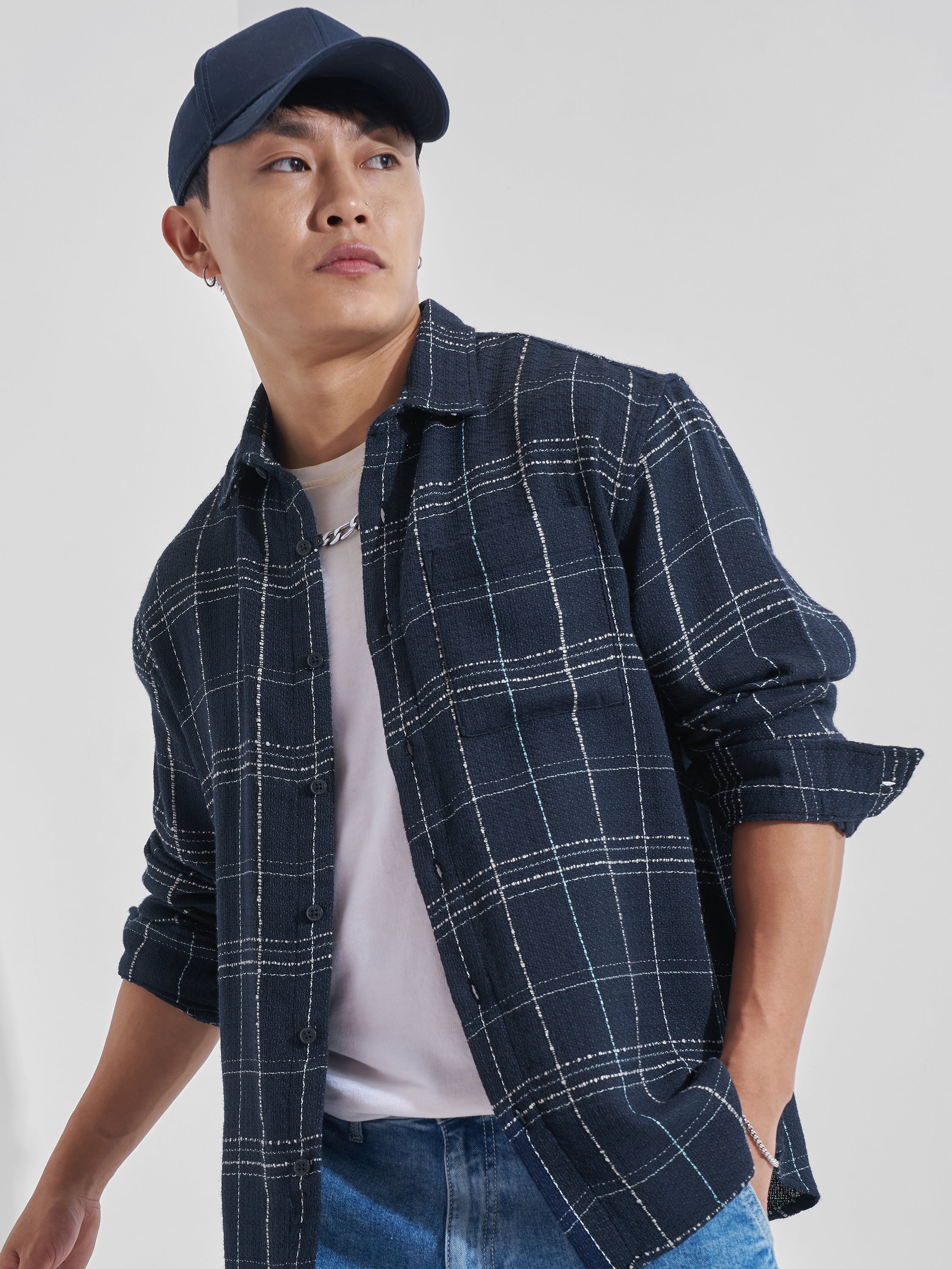 Highlander Men Navy Blue Checked Relaxed Fit Casual Shirt - Navy Blue - Image 1