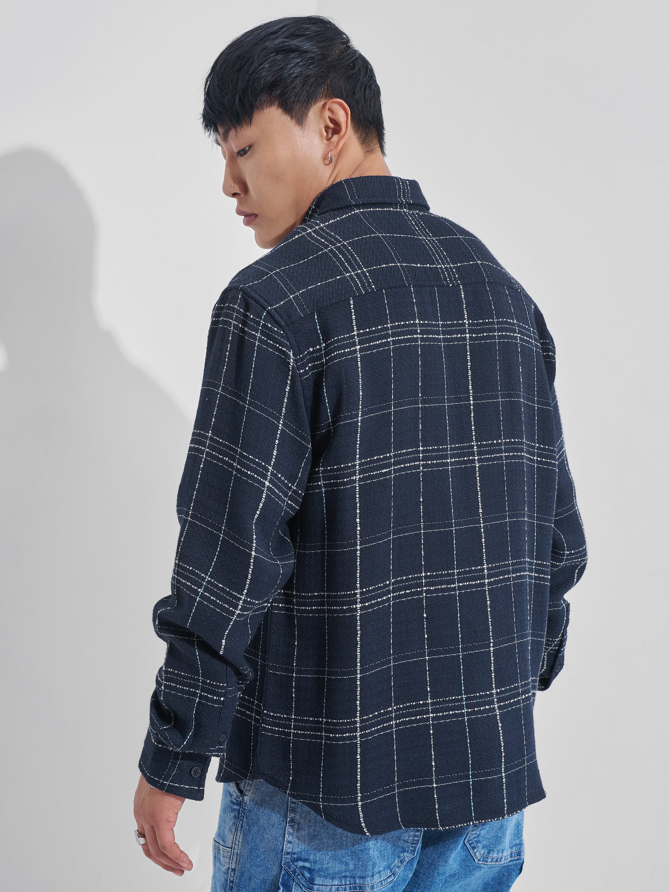 Highlander Men Navy Blue Checked Relaxed Fit Casual Shirt - Navy Blue - Image 3