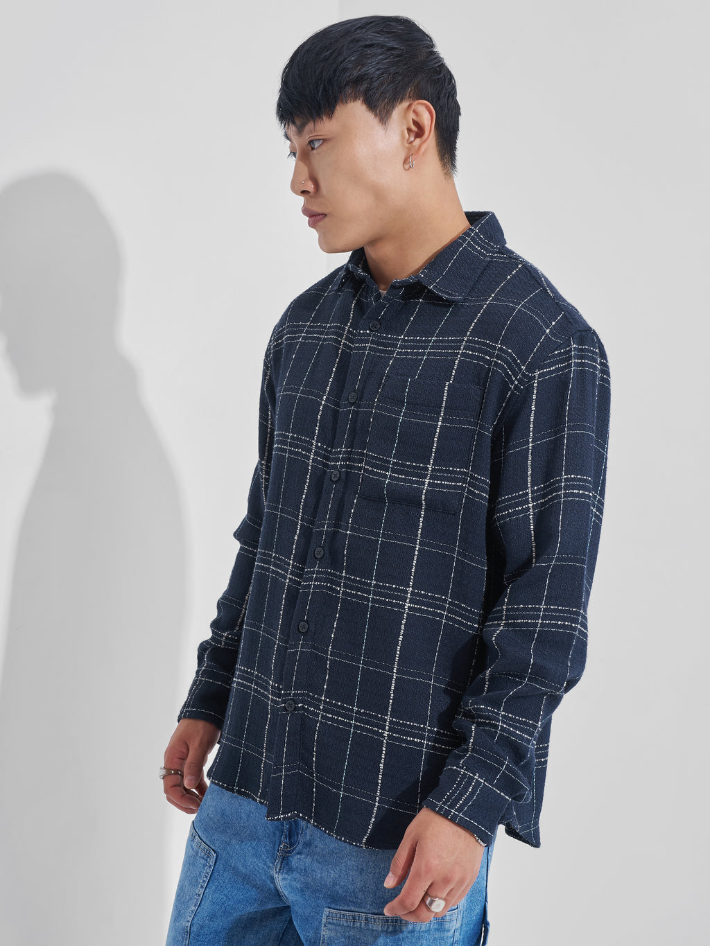 Highlander Men Navy Blue Checked Relaxed Fit Casual Shirt - Navy Blue - Image 4
