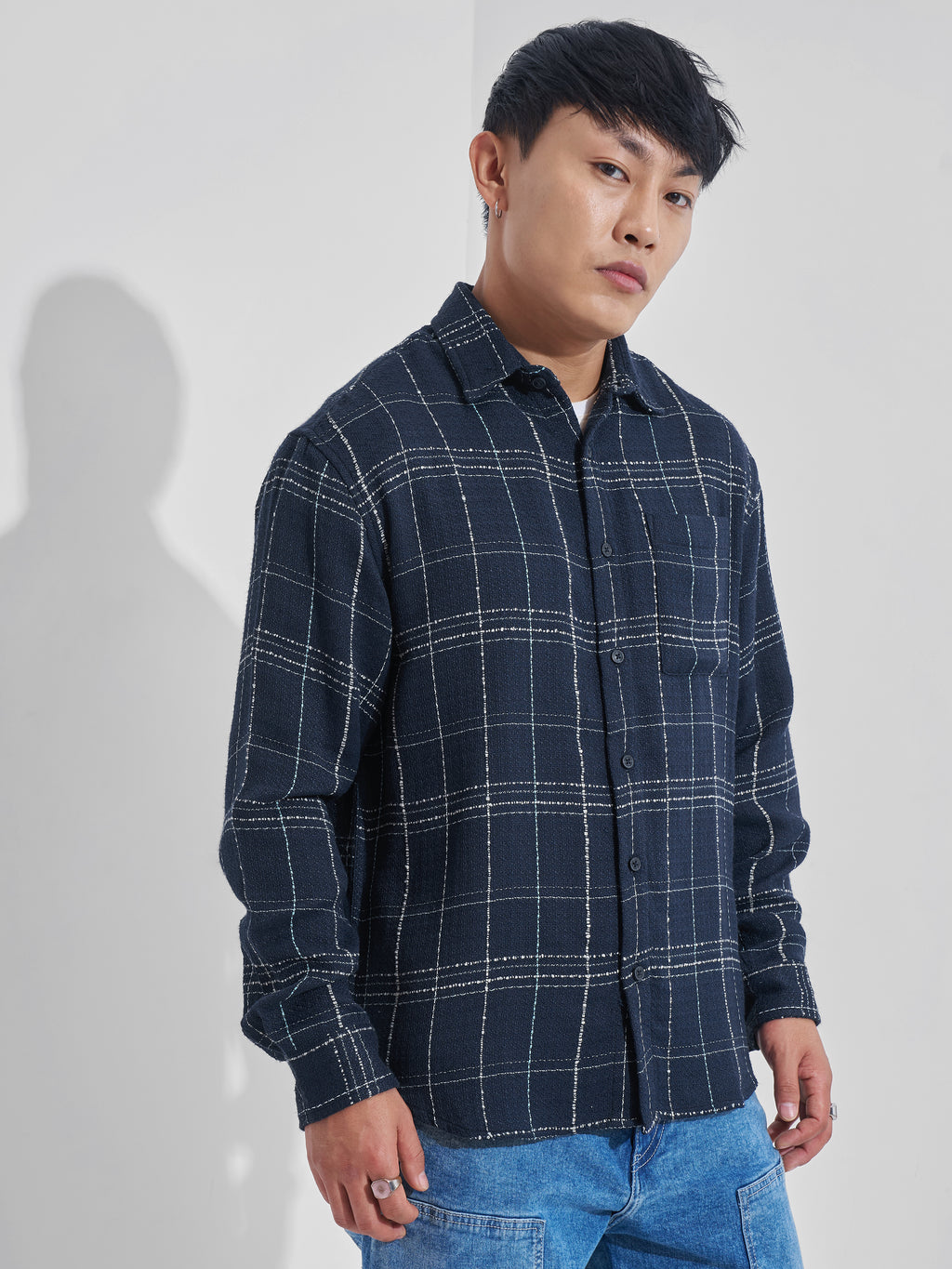 Highlander Men Navy Blue Checked Relaxed Fit Casual Shirt - Navy Blue - Image 6