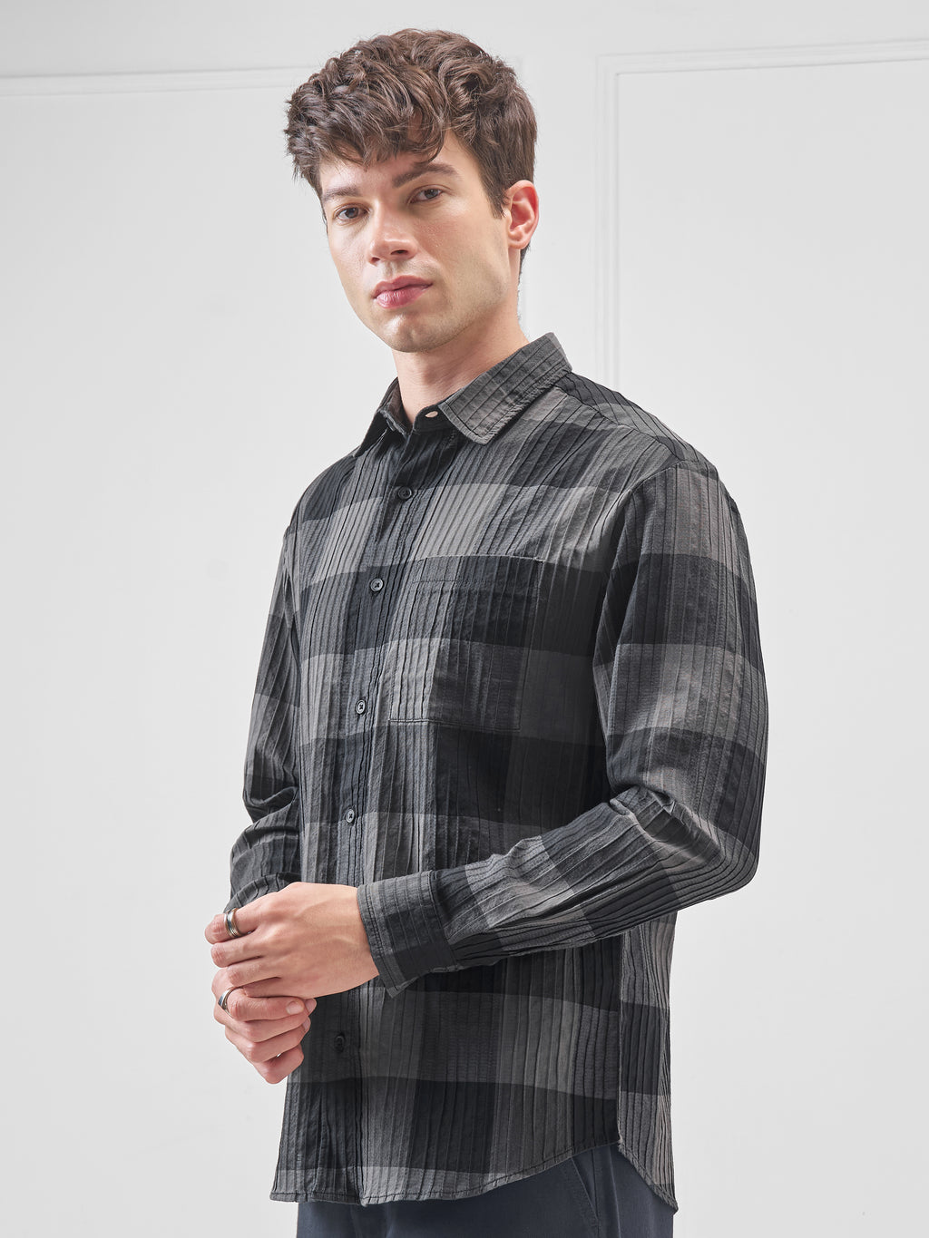 Highlander Men Grey Checked Relaxed Fit Casual Shirt - Grey - Image 4