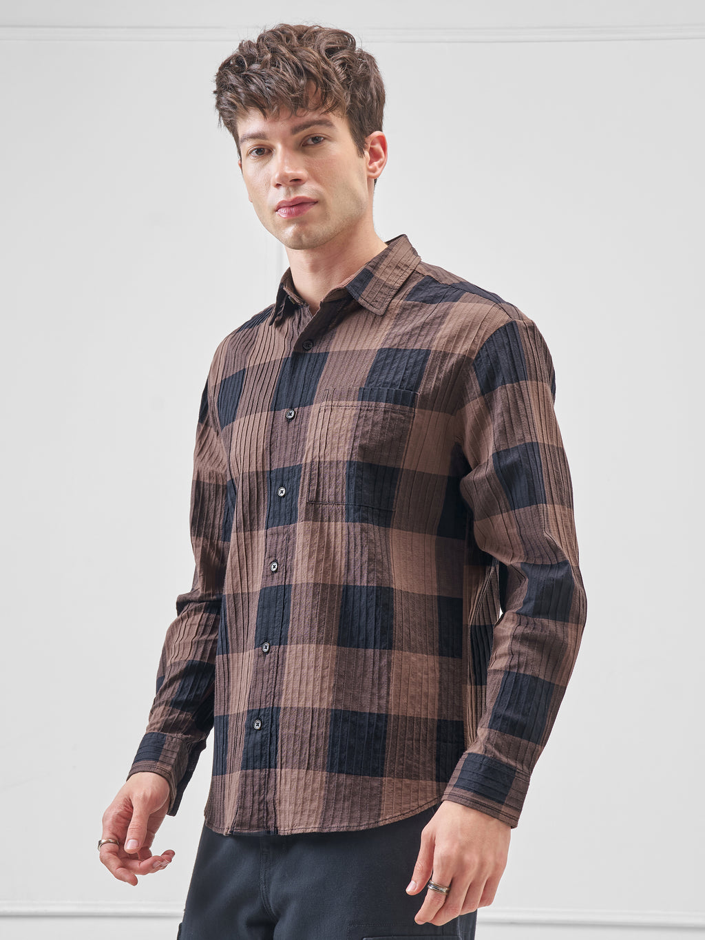 Highlander Men Brown Checked Relaxed Fit Casual Shirt - Brown - Image 4