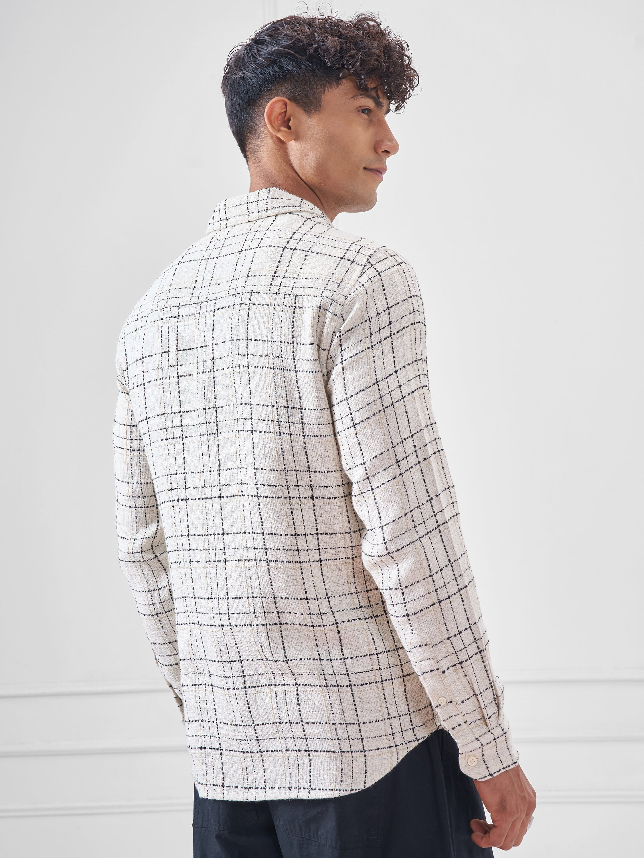 Highlander Men Cream Checked Relaxed Fit Casual Shirt - Cream - Image 3