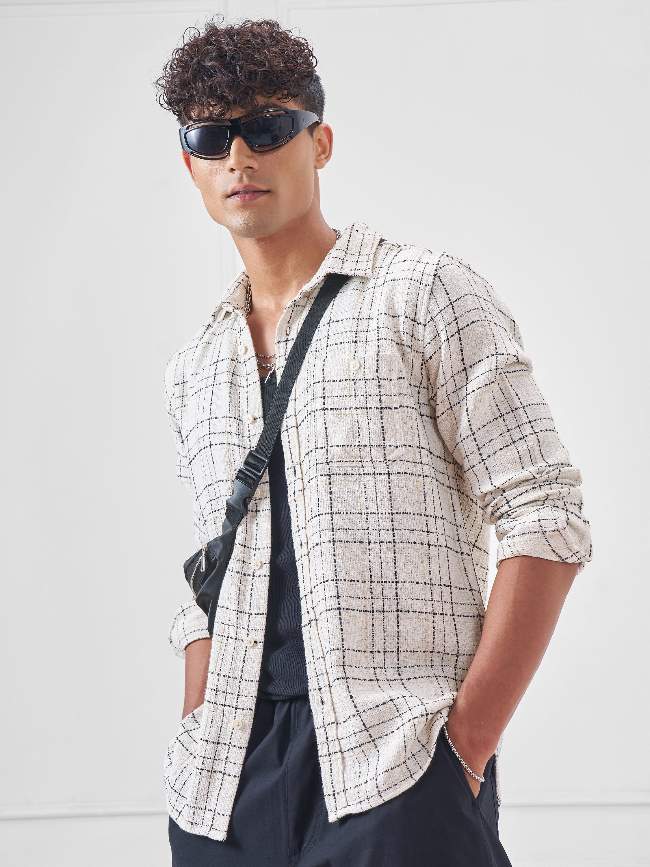 Highlander Men Cream Checked Relaxed Fit Casual Shirt - Cream - Image 4