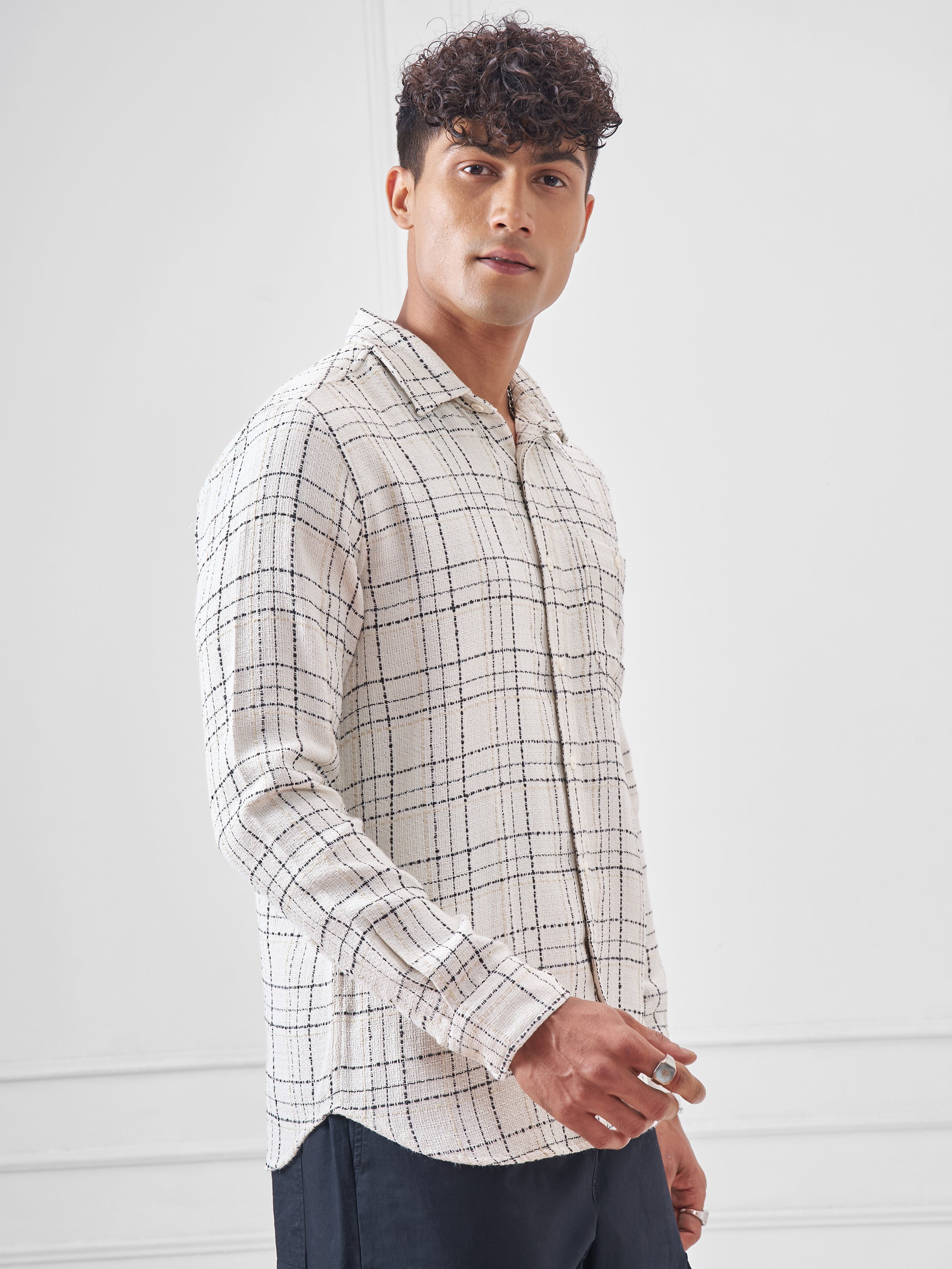 Highlander Men Cream Checked Relaxed Fit Casual Shirt - Cream - Image 6