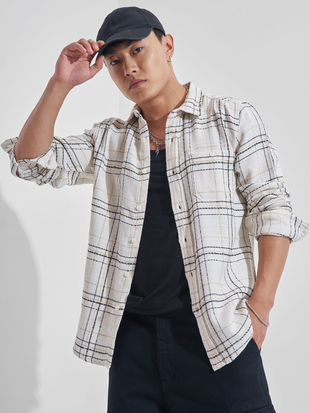 Highlander Men Cream Checked Relaxed Fit Casual Shirt - Cream - Image 1