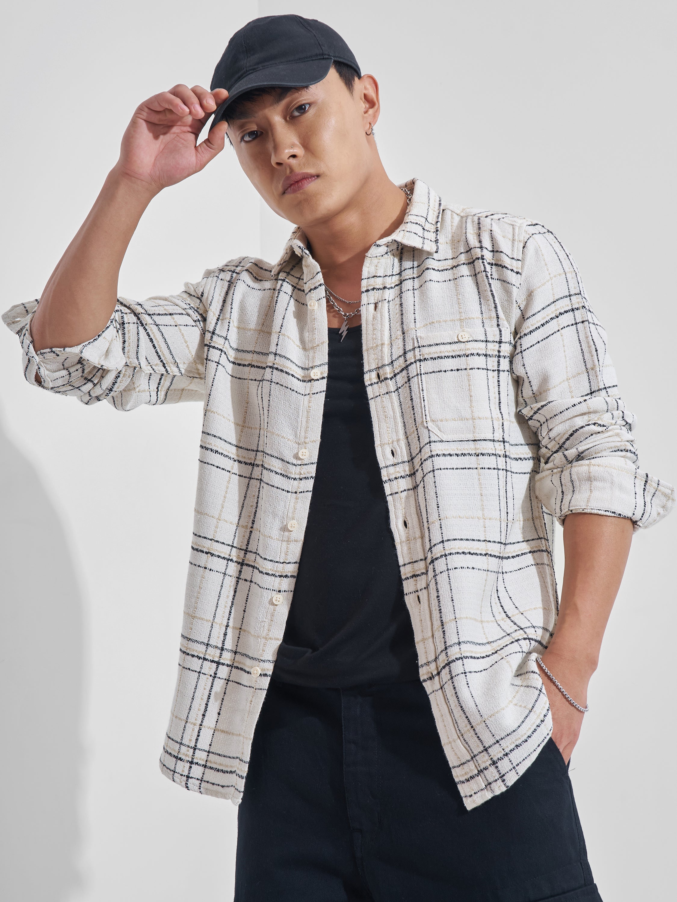 Highlander Men Cream Checked Relaxed Fit Casual Shirt - Cream - Image 1