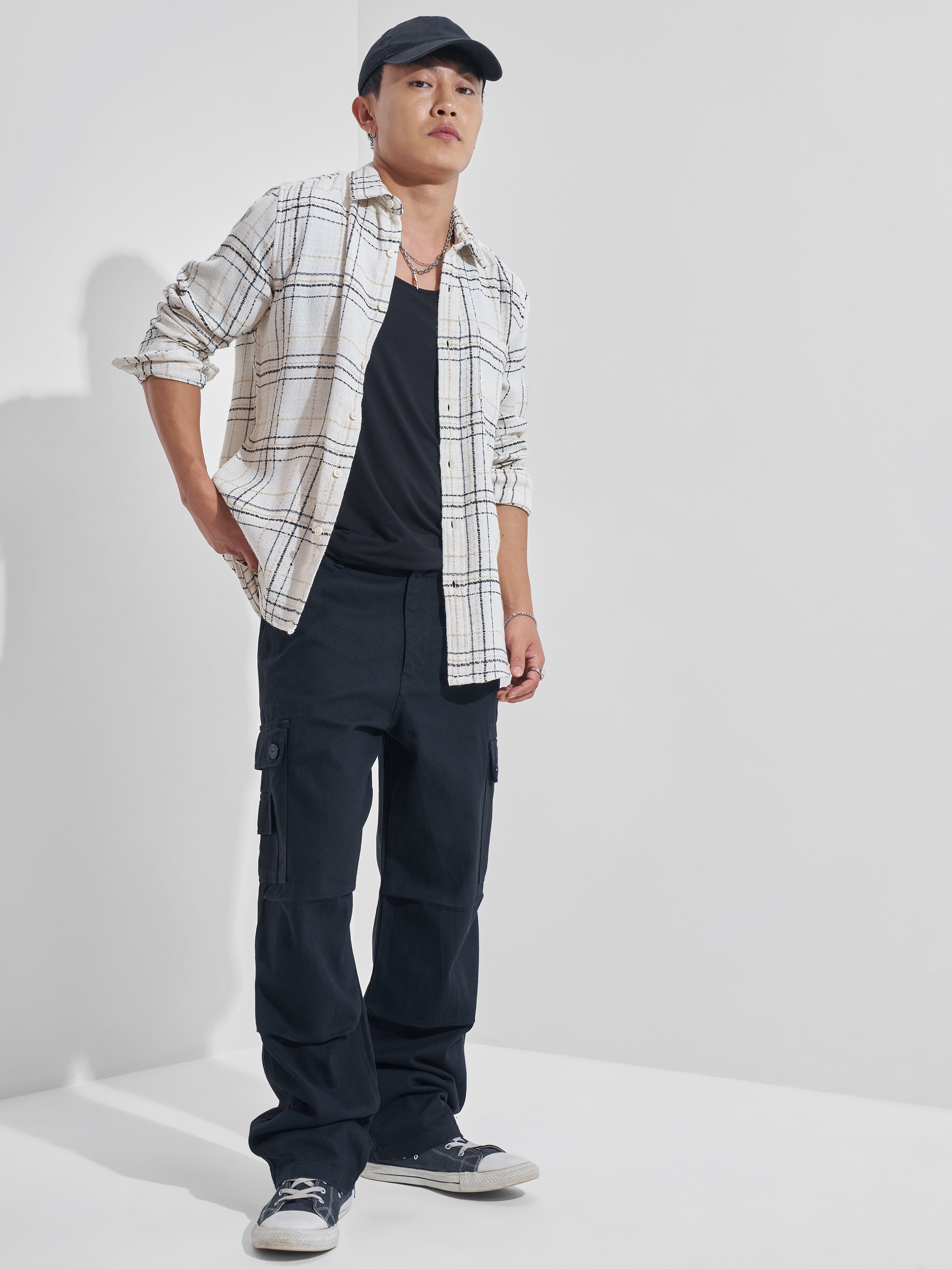Highlander Men Cream Checked Relaxed Fit Casual Shirt - Cream - Image 2