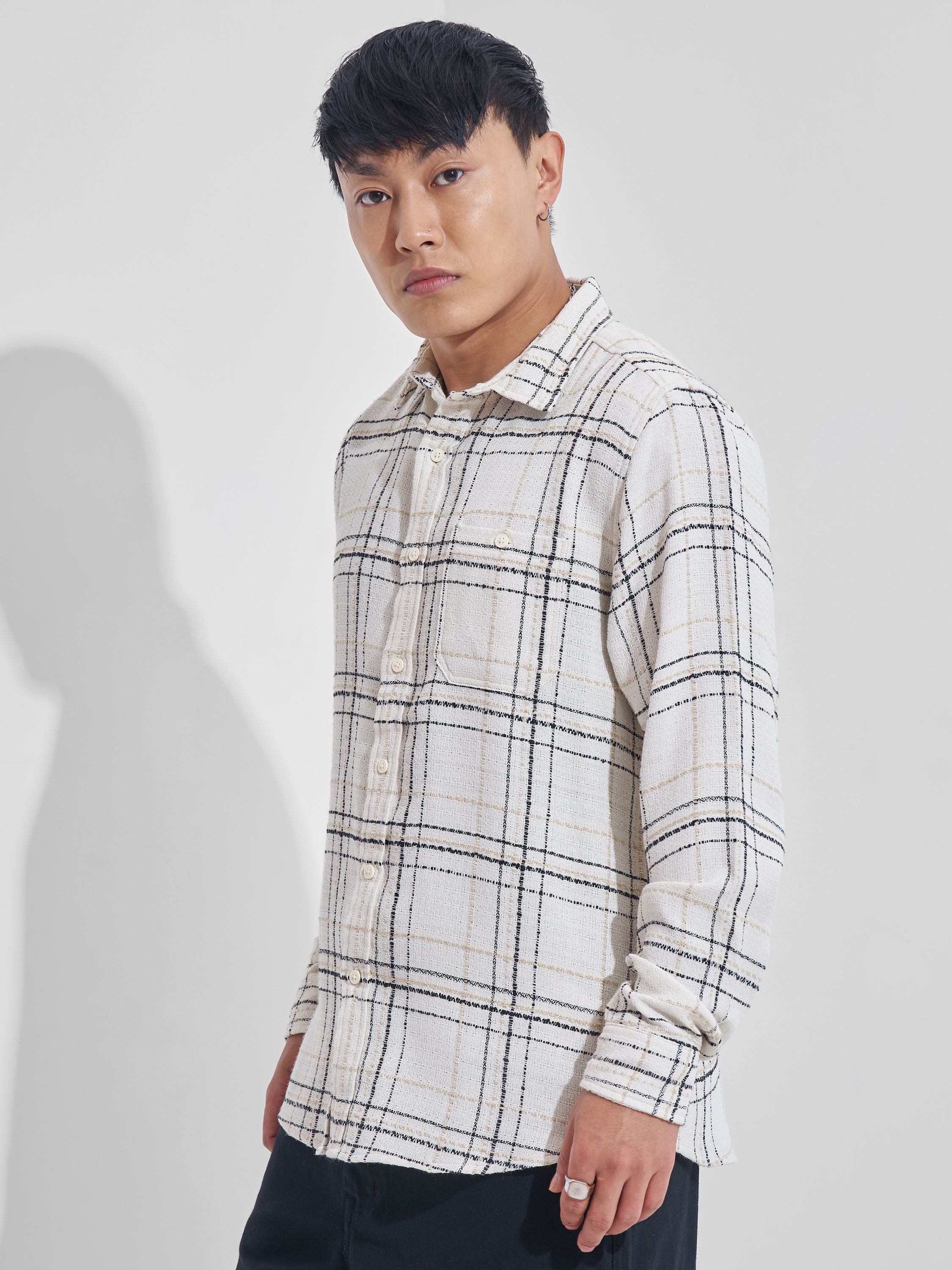 Highlander Men Cream Checked Relaxed Fit Casual Shirt - Cream - Image 4