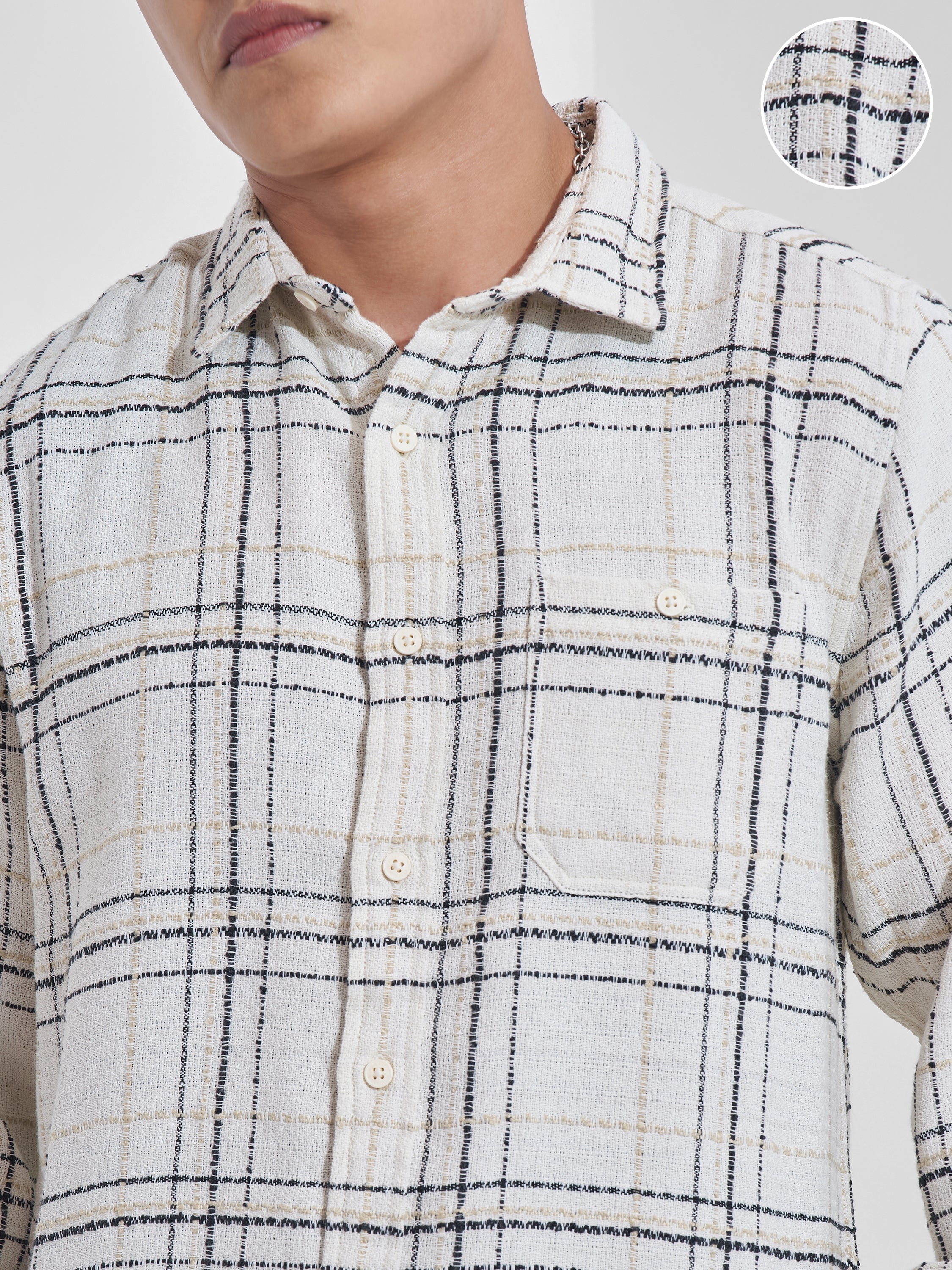 Highlander Men Cream Checked Relaxed Fit Casual Shirt - Cream - Image 5