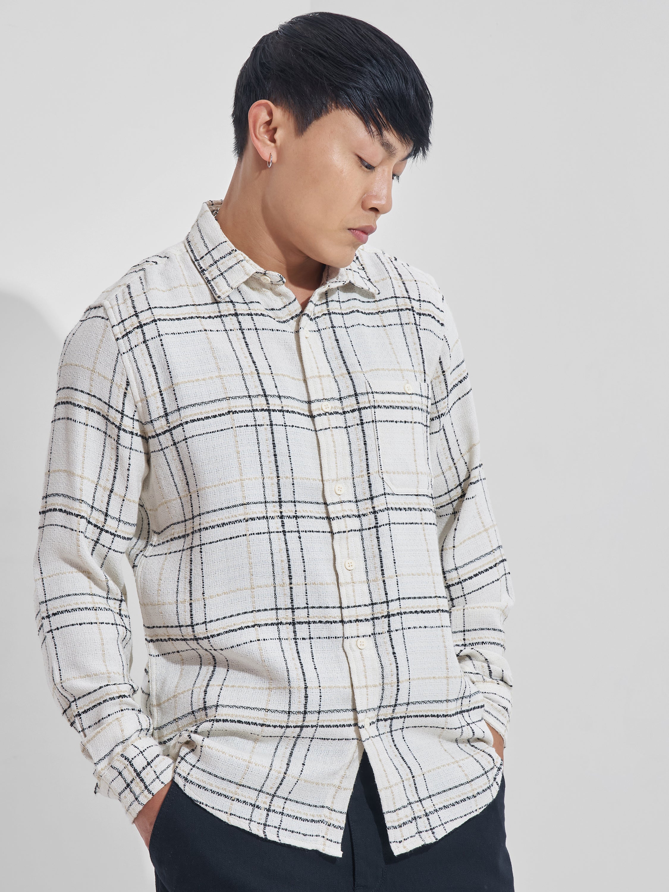 Highlander Men Cream Checked Relaxed Fit Casual Shirt - Cream - Image 6
