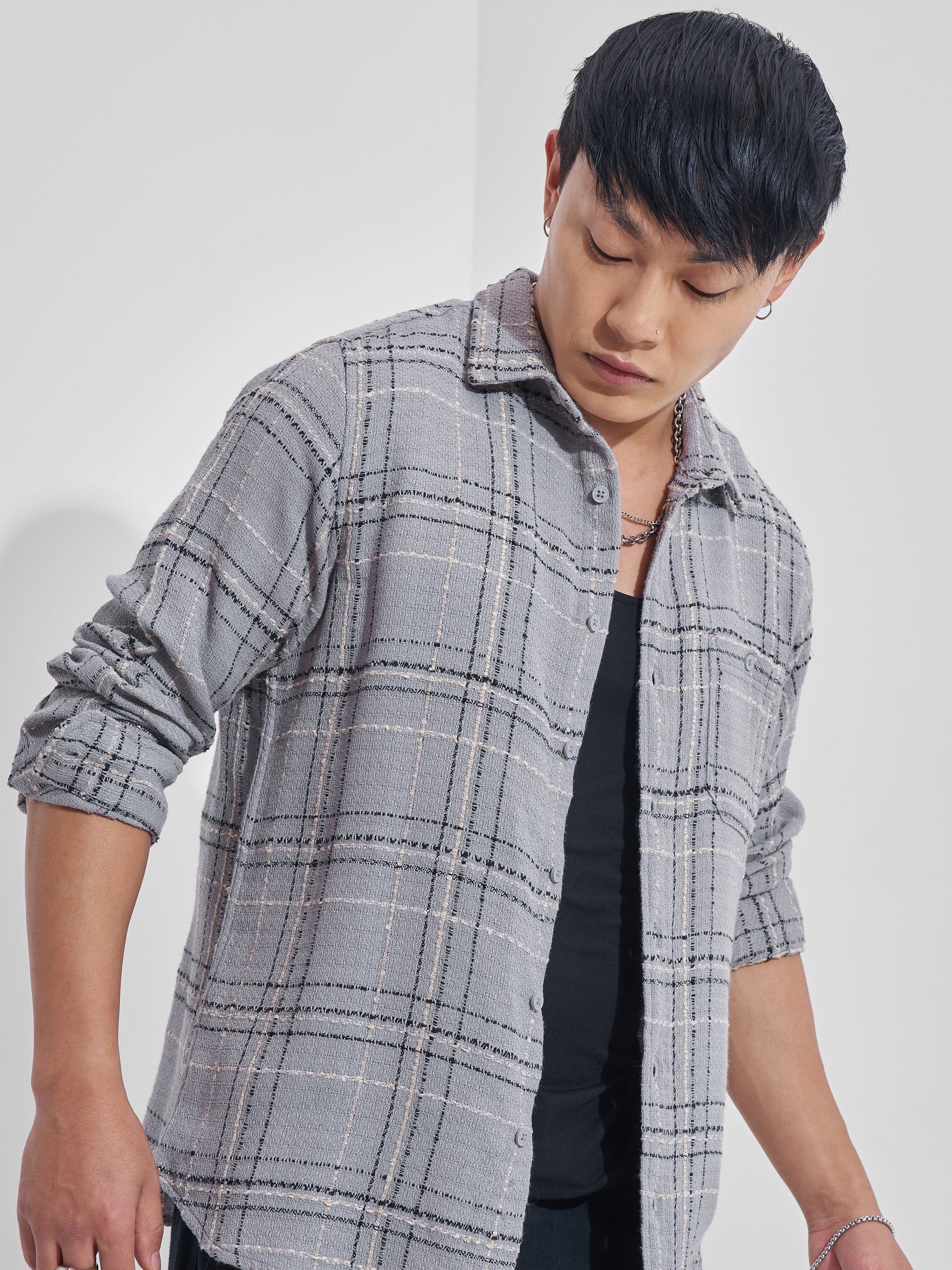 Highlander Men Grey Checked Relaxed Fit Casual Shirt - Grey - Image 1